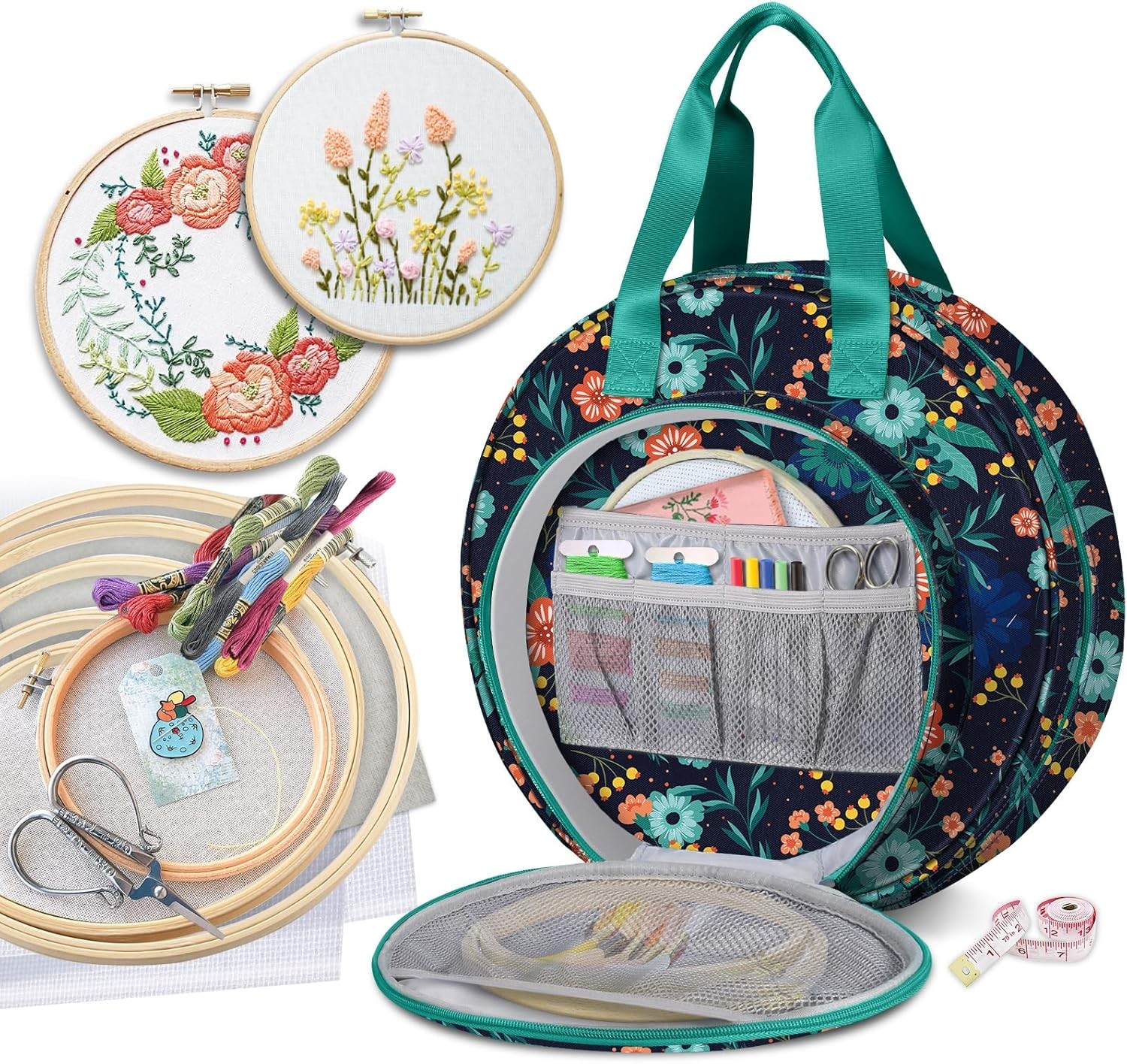 Embroidery Project Bag Supplies Storage Carrying Tote Case with Multiple Pockets