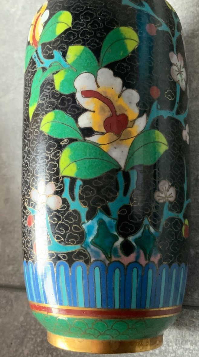 Lot Of 4 CLOISONNE Noir Enamel On Brass Variety Shapes Vases Vintage & Antique