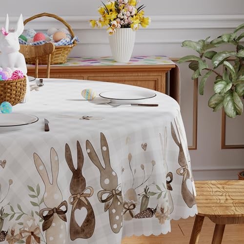 Round Easter Tablecloth 70x70 Inch, Washable Eggs Floral Bunny 70" (Round)