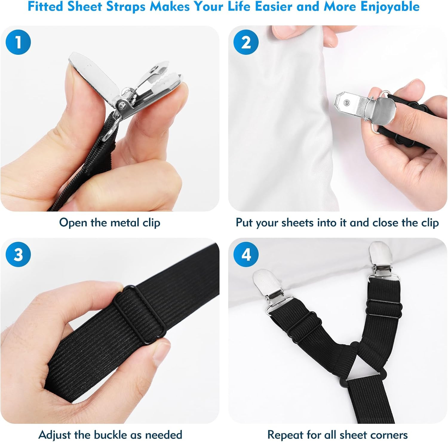 Bed Sheet Straps, 2Pcs Elastic Adjustable Bed Sheet Holder Straps, Fitted Sheet