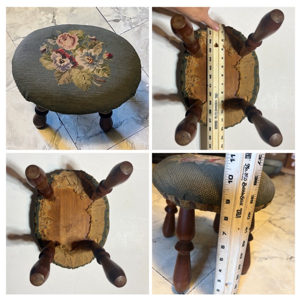 Vintage Needlepoint Footstool Floral Embroidery Wood Legs Oval Small Stool Read