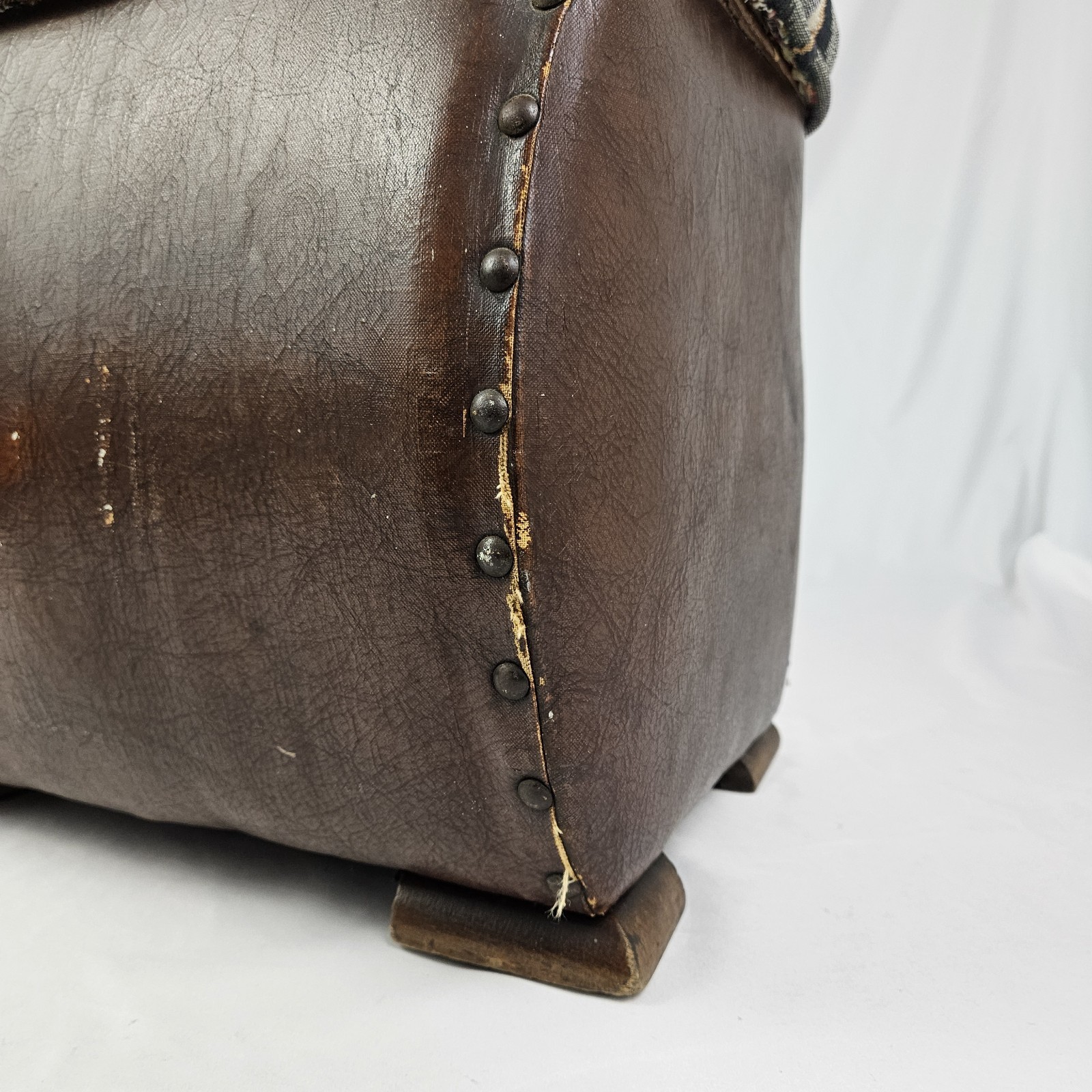 Chinoisiere Footstool Ottoman Leather Upholstered Vintage Chinese Chippendale