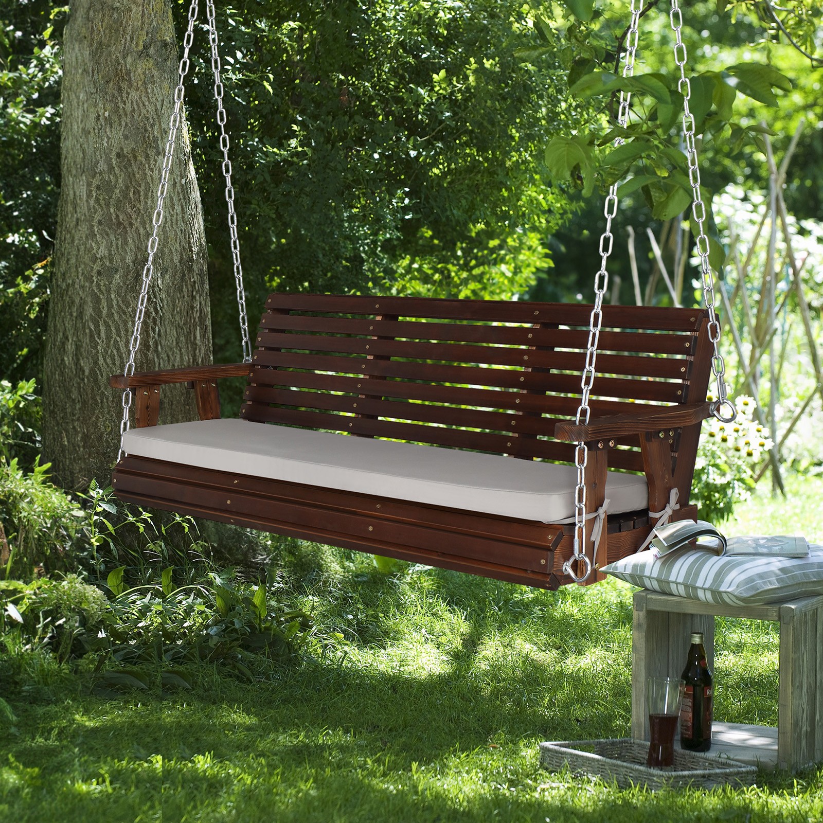 5 FT Heavy Duty 880 LBS Patio Wooden Porch Swing Outdoor with Extra Cushions