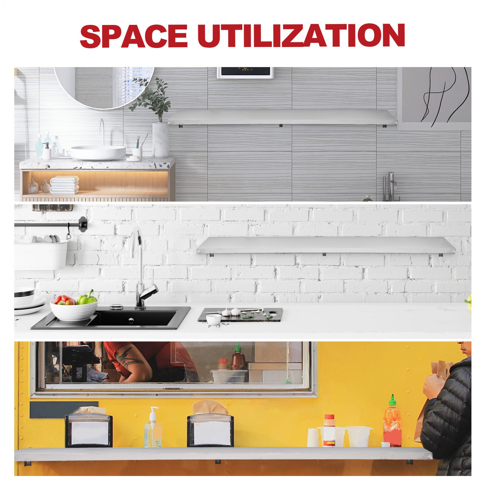 Folding Concession Shelf 70" x 12", Stainless Steel Drop Down Food Serving Stand