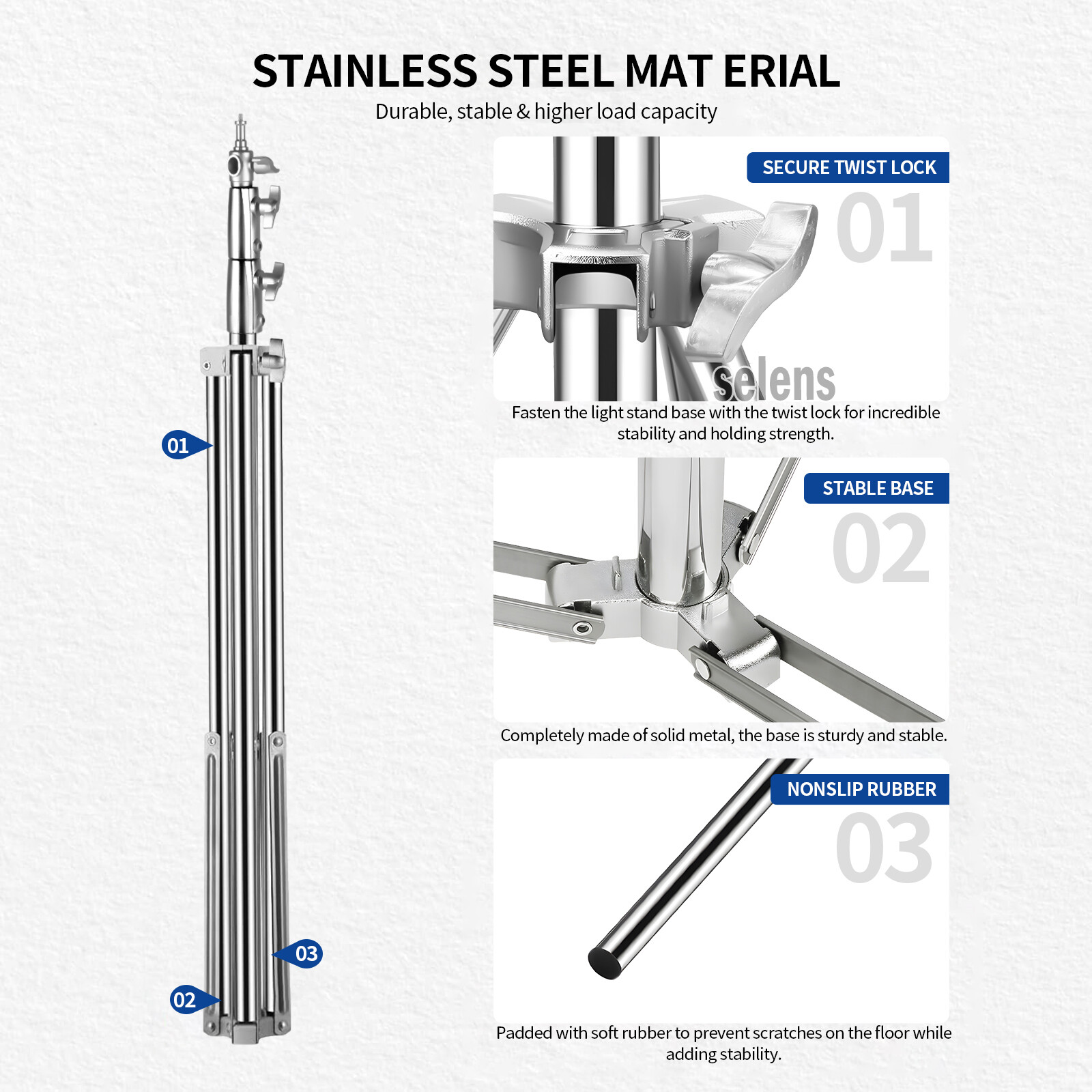 9.2ft Light Stand Heavy Duty Adjustable Tripod Spring Damped Stainless Steel
