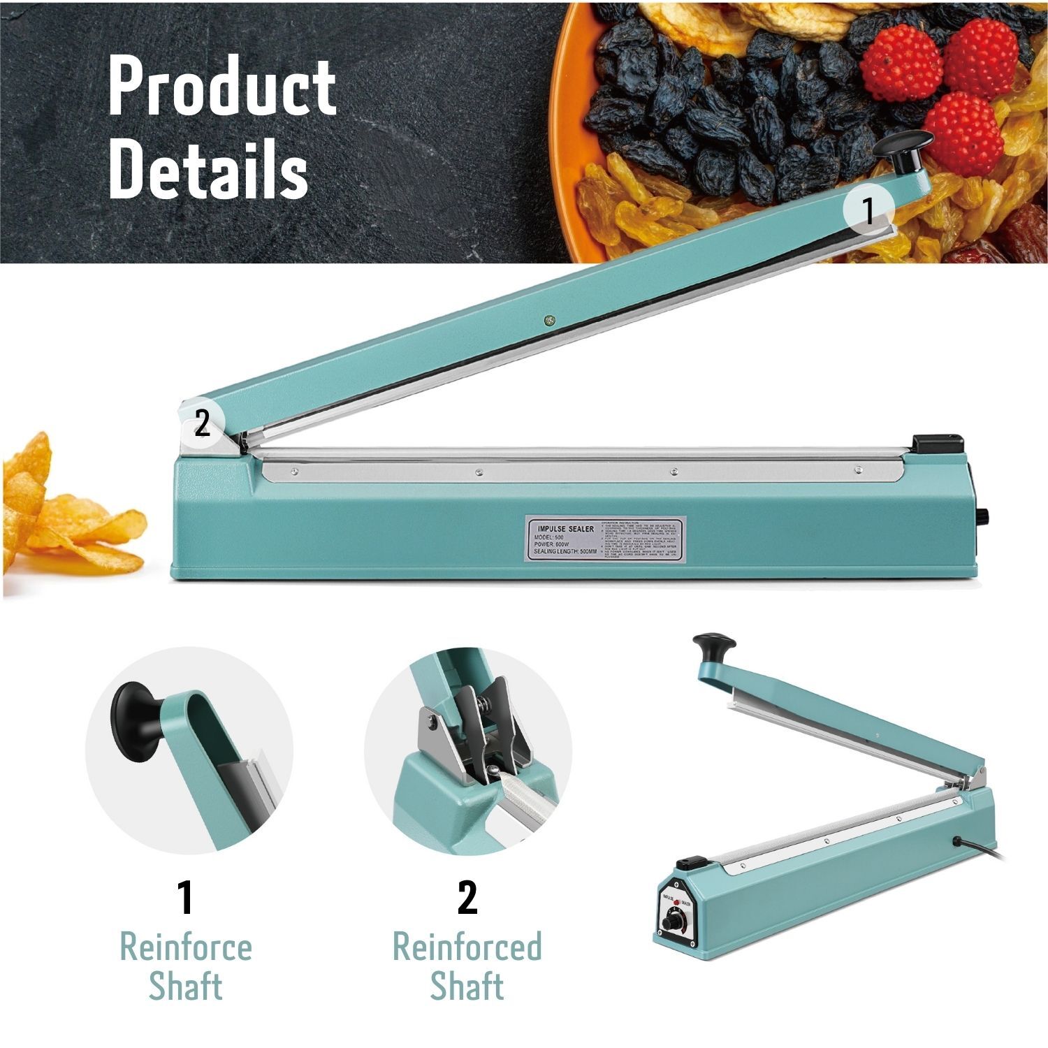 20" (500mm) Manual Impulse Heat Sealer 750W Poly Bag w/ Element Grip & Teflon