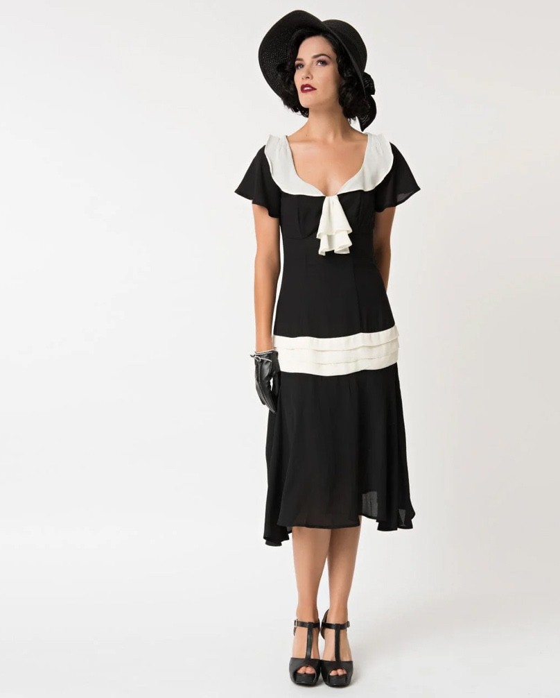 UNIQUE VINTAGE 1920s BLACK & CREAM WILSHIRE FLAPPER DAY DRESS - NEW