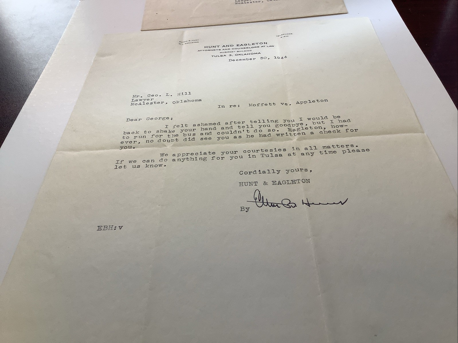 1944 Attorney Letter Hunt And Eagleton Tulsa, Oklahoma