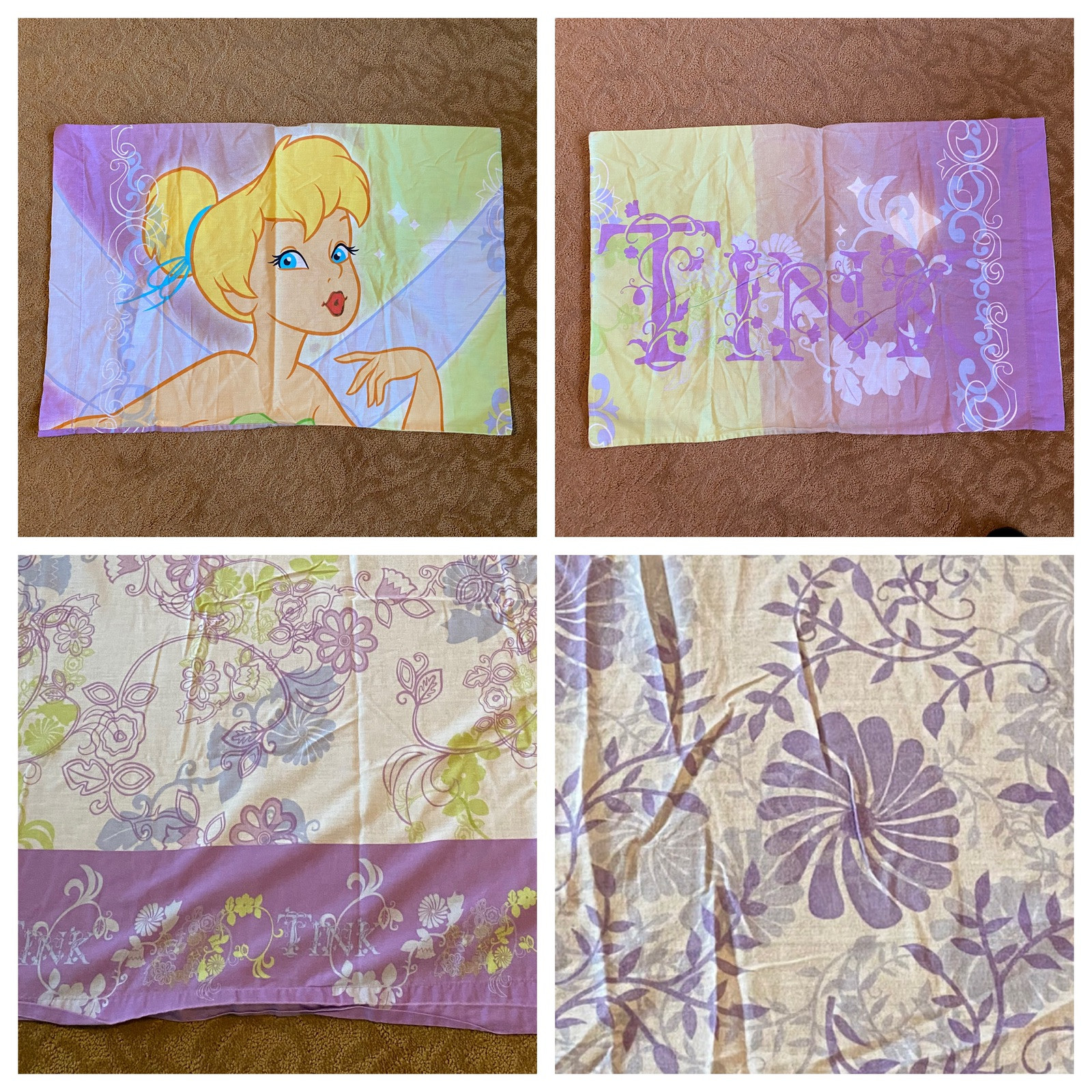 Vtg Tinker Bell Twin Sheet Set Lavender Purple Flat And Fitted With Pillowcase