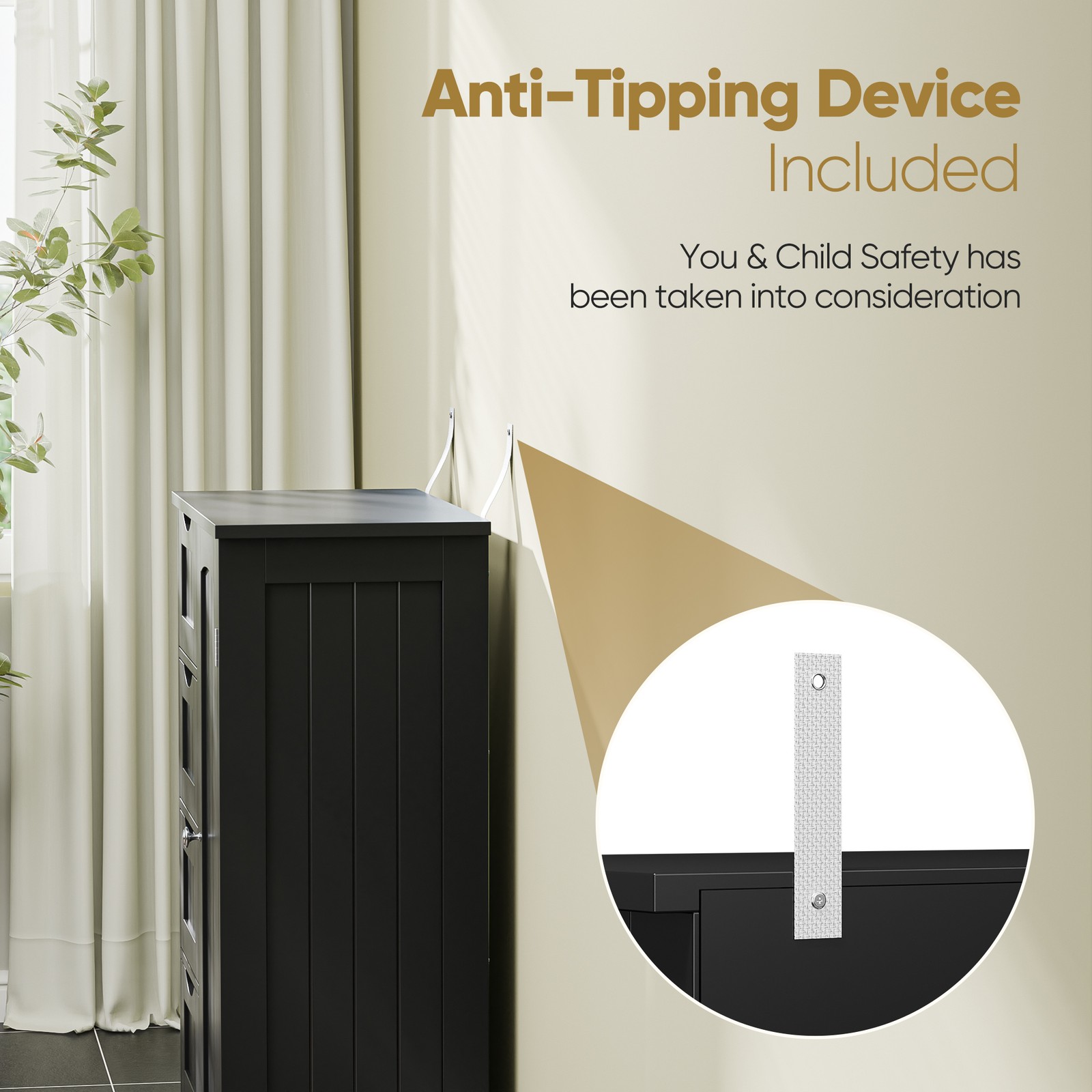 Bathroom Floor Storage Cabinet w/4 Drawers Adjustable Shelves Freestanding Black