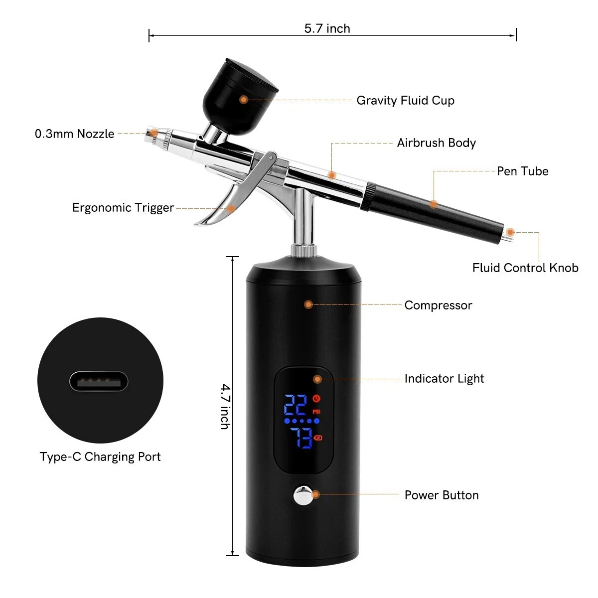 Cordless Airbrush Kit Handheld Sprayer Gun 38PSI LCD for Barber Nail Art Makeup
