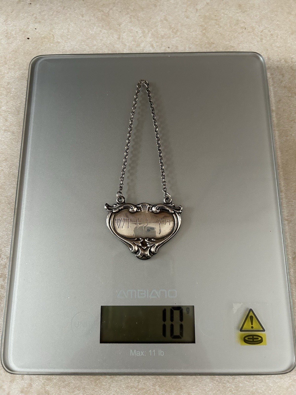 Judaica Ornate Sterling Silver Shabbat Wine Bottle Hanging Tag Decanter Label