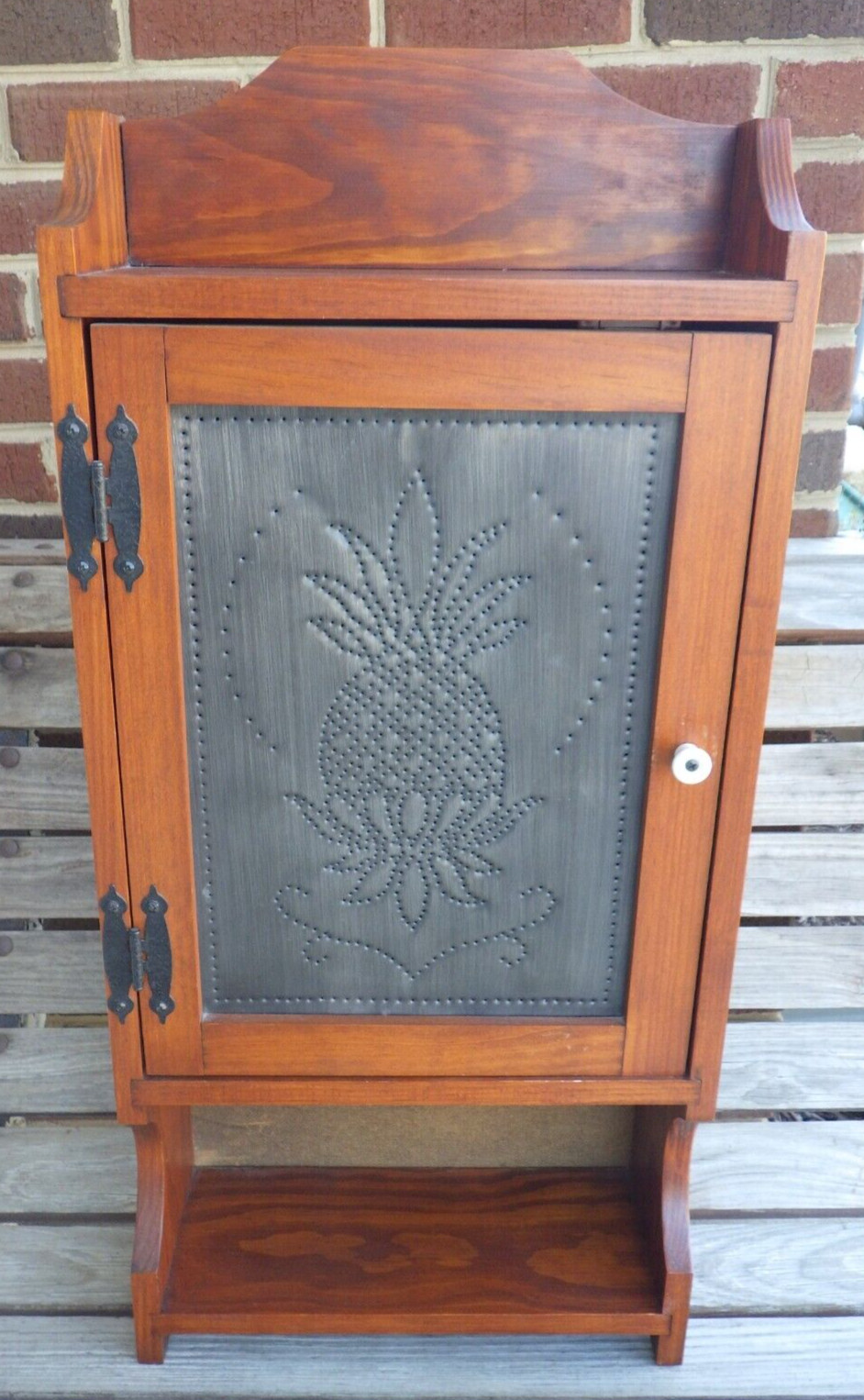 Wall Cabinet Mahogany Wood Punched Tin Pineapple Motif Farmhouse Décor