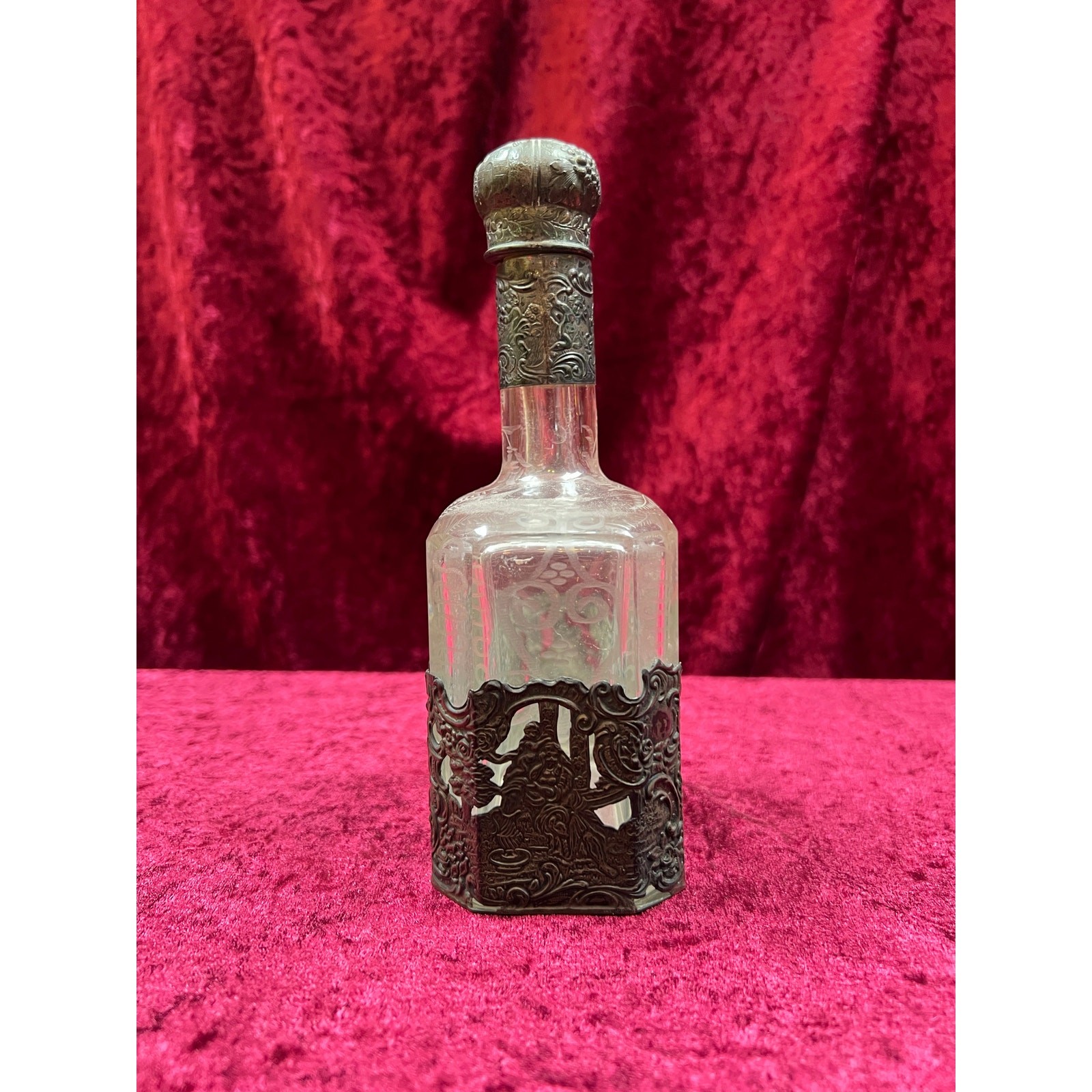 Antique Barware 18th Century Etched Glass Decanter Silver Repousse Germany