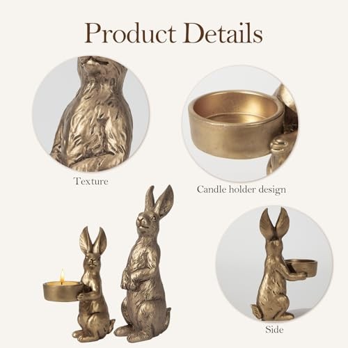 Golden Easter Bunny Figurines Set of 2, Gilded Resin set of 2 Gold Bunny