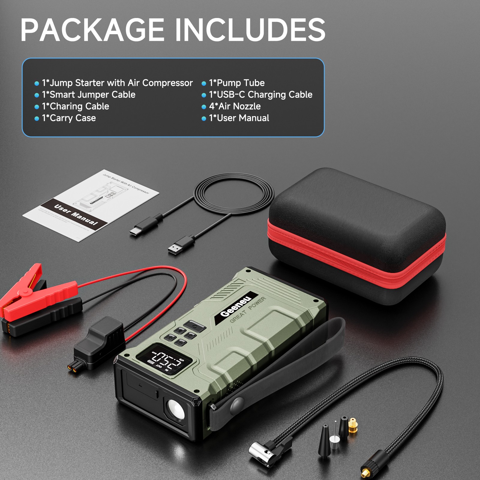 8000A Portable Car Jump Starter With Air Compressor Pack Booster 12V Power Bank