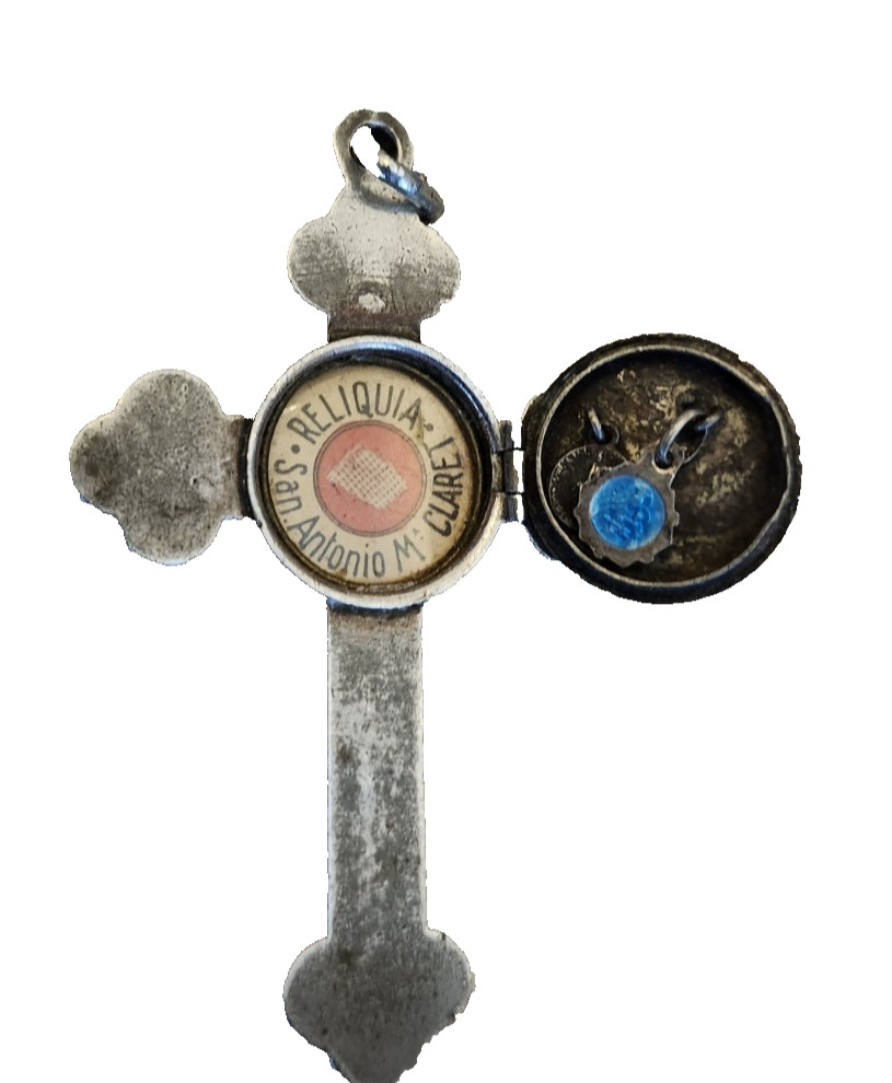 Antique Silver St. Anthony M. Claret Catholic Reliquary Relic Crucifix