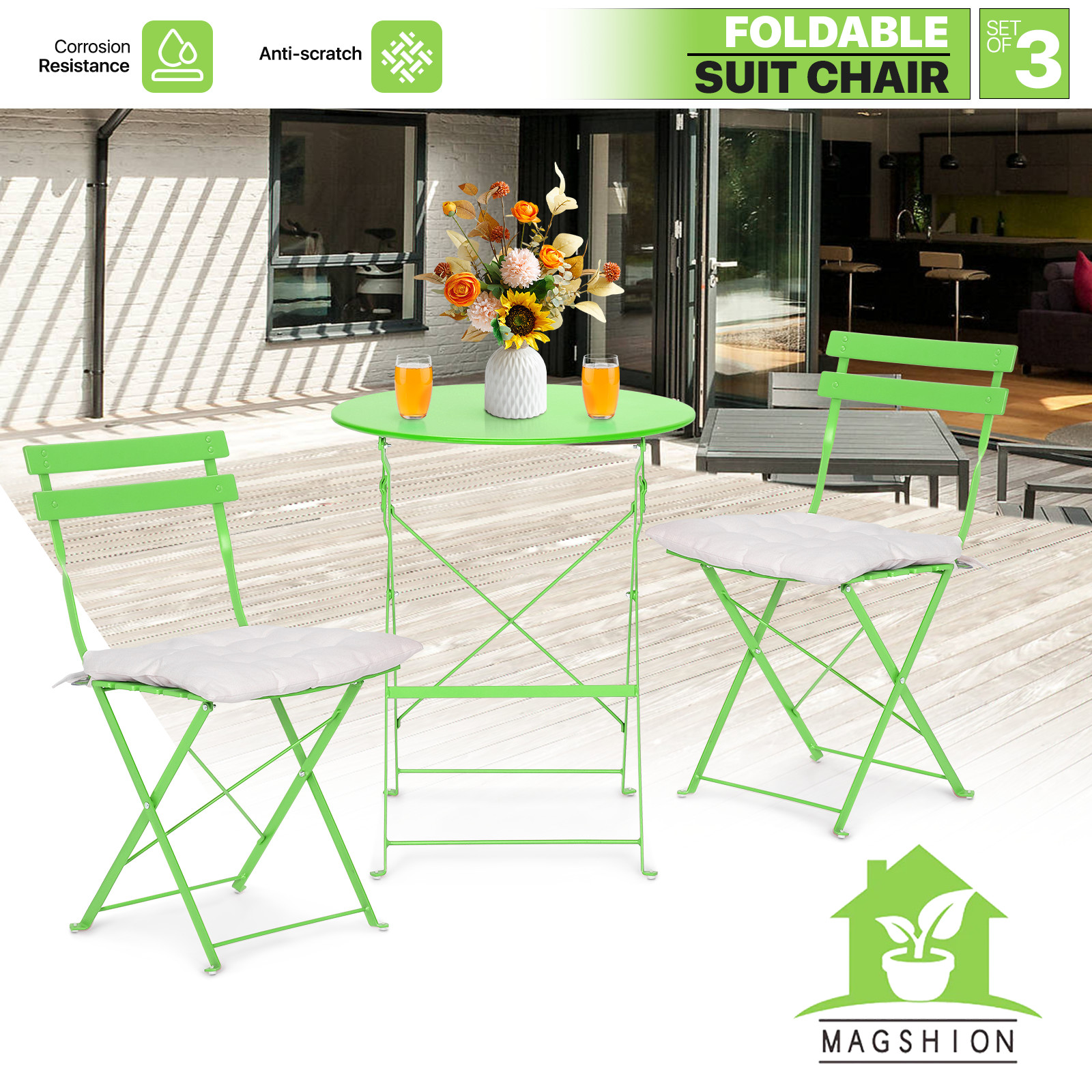 3 Piece Green Patio Table Chairs Set Foldable Garden Patio Furniture w/Cushion