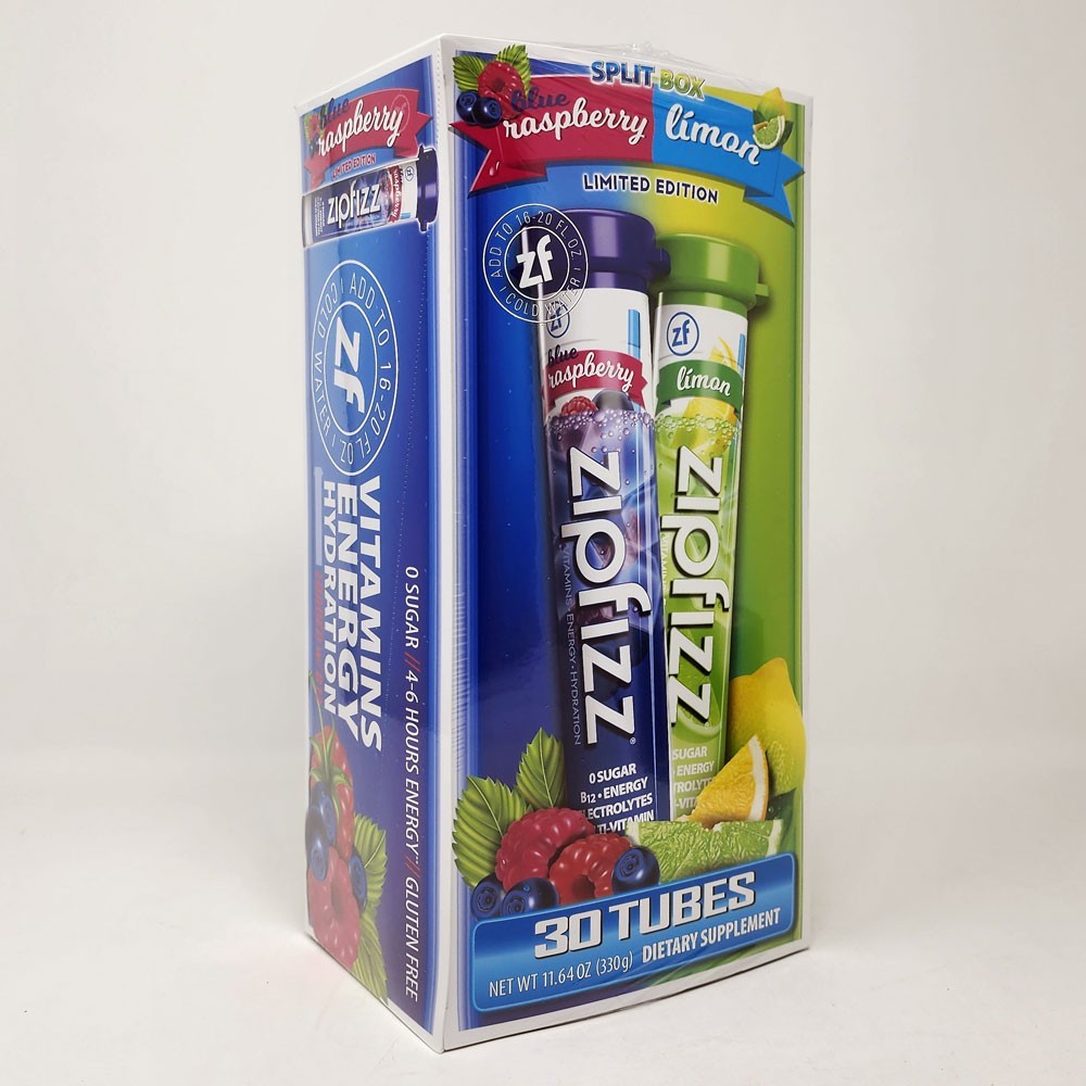 ZipFizz Energy Drink Mix 30 Tubes Split Box Límon & Blue Raspberry Exp: 11/26
