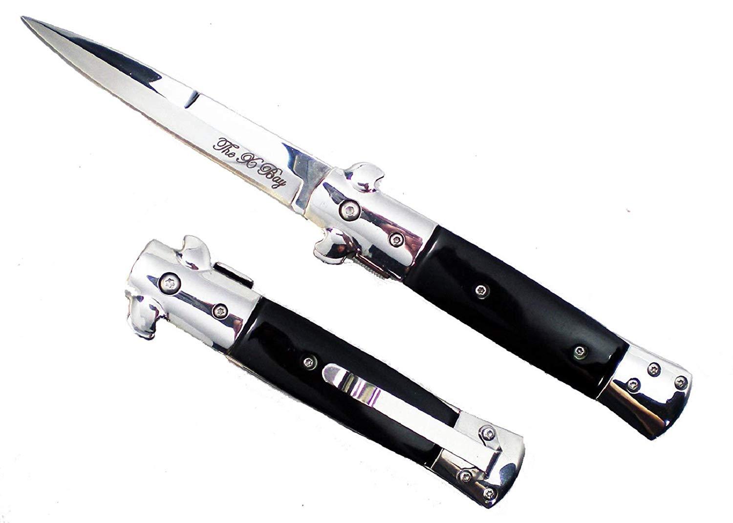 Black Chrome Blade Godfather Assisted Kissing Crane Stiletto Style Pocket Knife