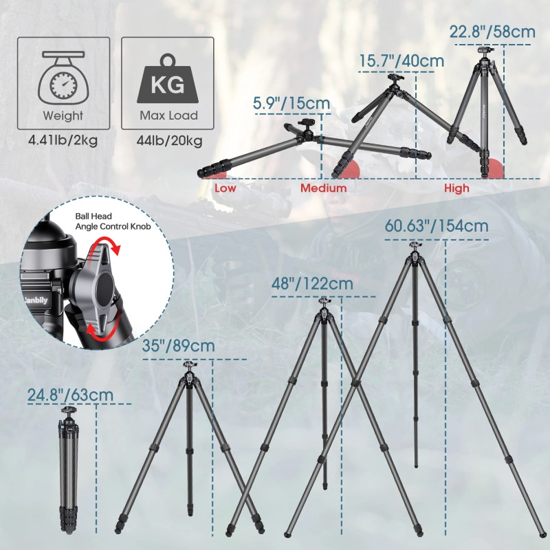 Manbily Carbon Fiber Hunting Tripod,Ball Head, Arca Swiss&Picatinny Adapter -US