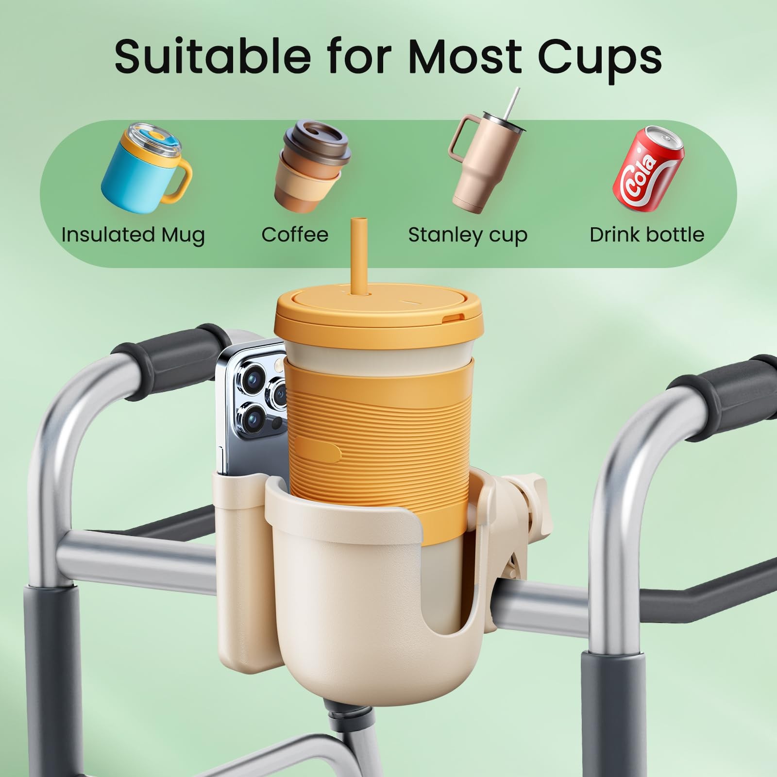 Cup Holder for Walker, Wheelchair Cup Holder with Phone Holder, Rollator