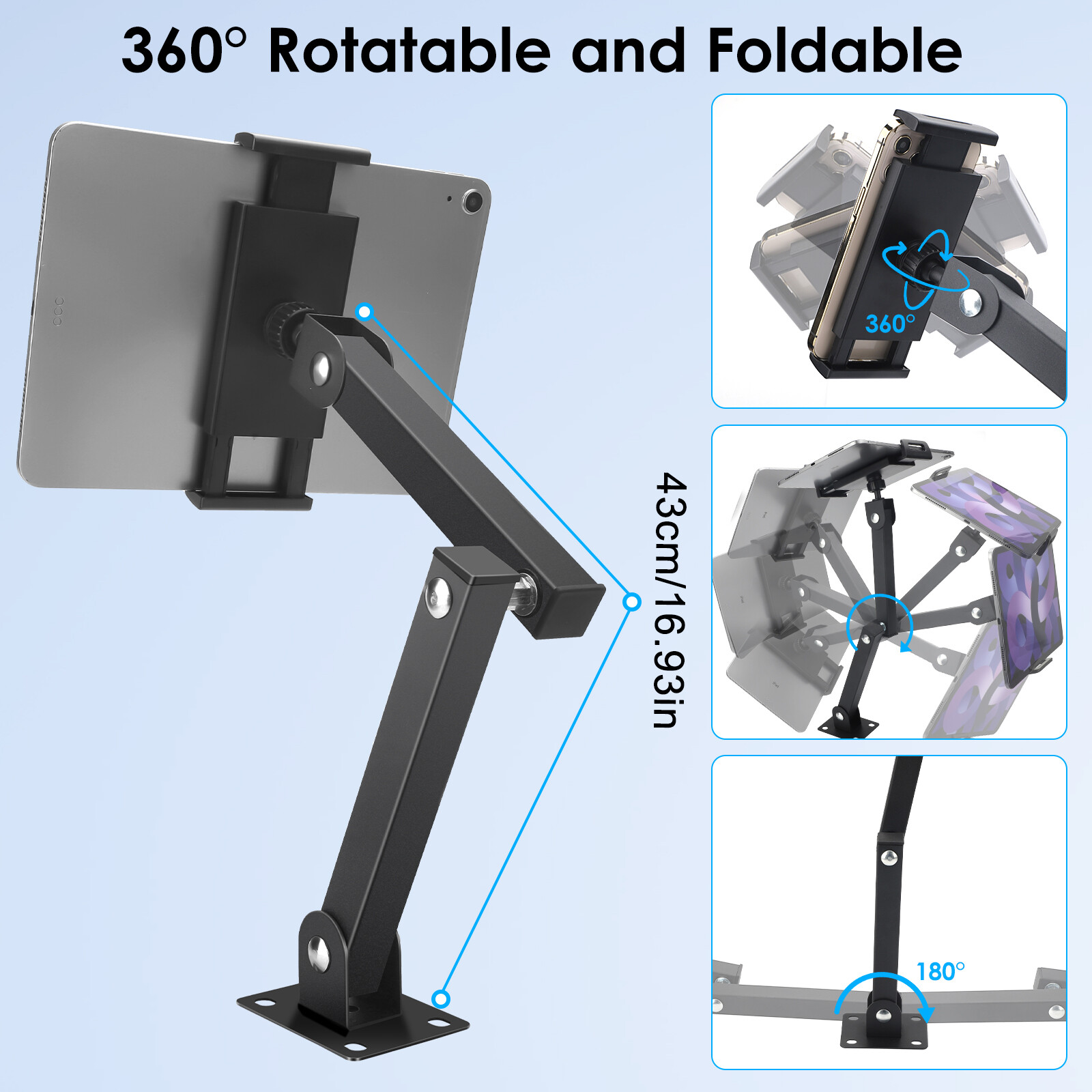 Tablet Phone Wall Mount 360° Rotating Foldable Holder for 4.7-13" iPad iPhone
