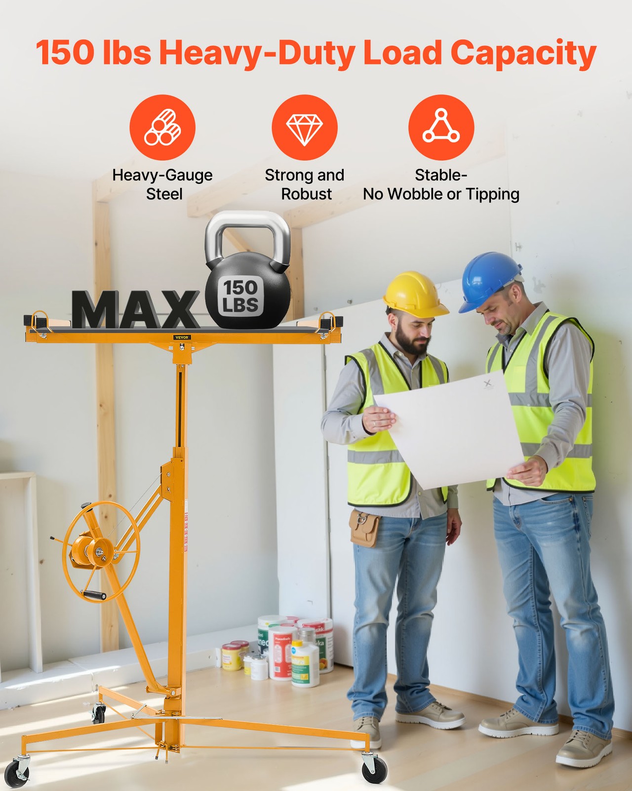 VEVOR 11ft Drywall Lift 150 lbs Sheetrock Hoist Adjustable Arm Lockable Wheels