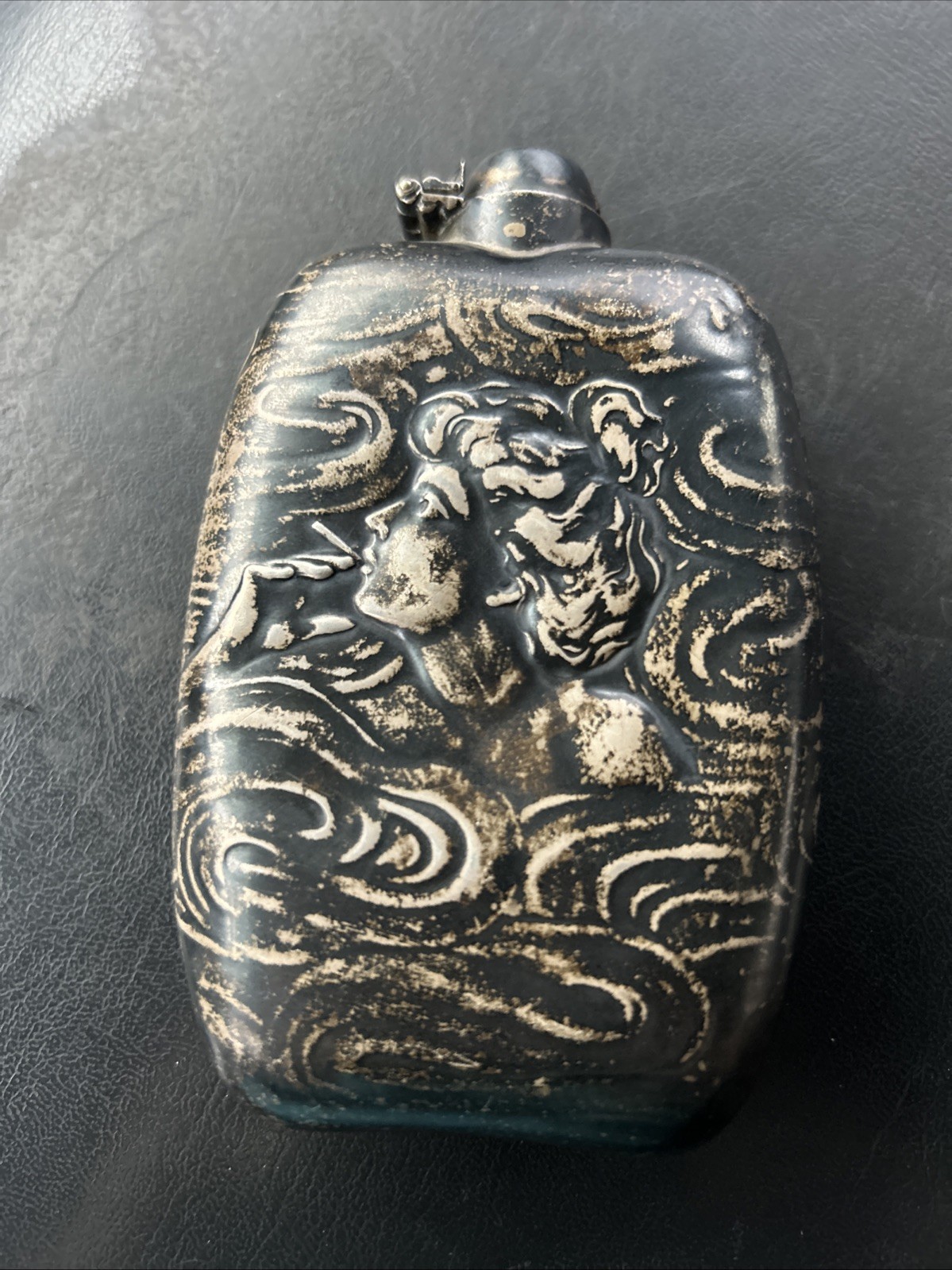 Antique Art Nouveau Unger Brothers Sterling Silver Flask Smoking Lady Read!