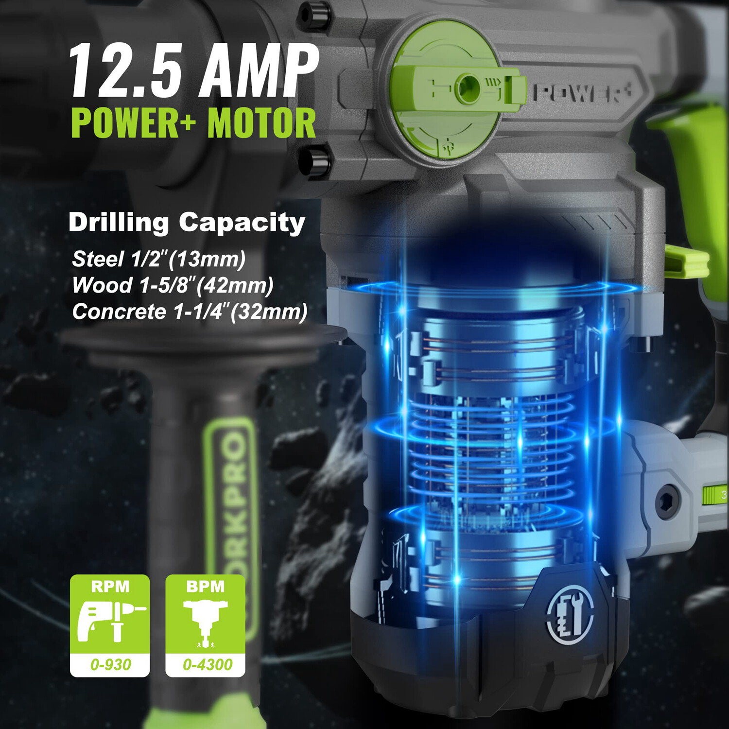 WORKPRO Heavy Duty Premium Rotary Hammer Drill SDS-Plus 12.5AMP Corded 5PCS Bits