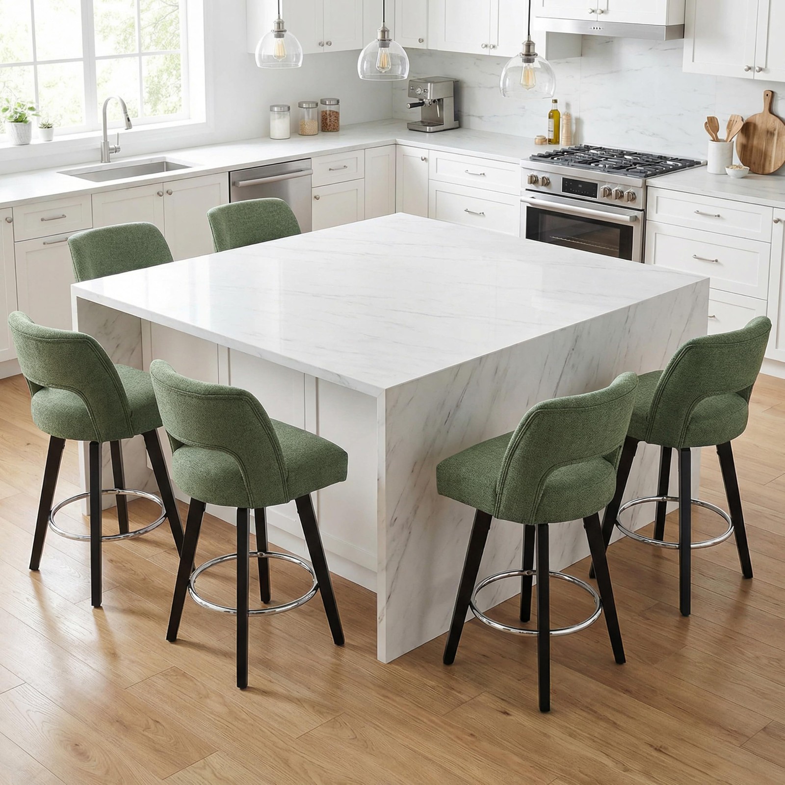 Green Modern Bar Stools Set of 2 with Supportive Back for Kitchen Island