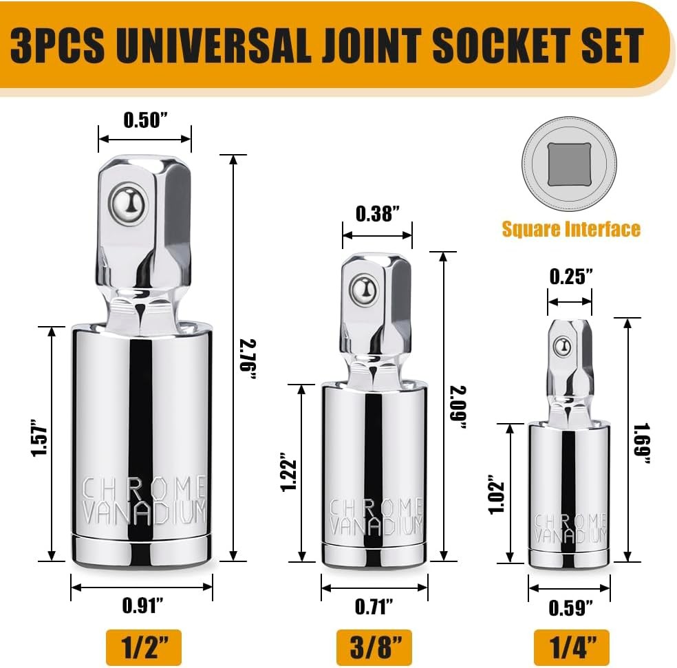 3PCS Universal Joint Socket Set 1/4 3/8 1/2 Drive Swivel Adapter New