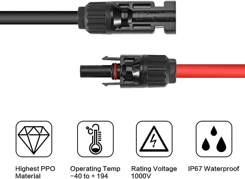 1 Pair 10FT Solar Panel Extension Cable 10AWG 10 feet, 20 BLACK+RED