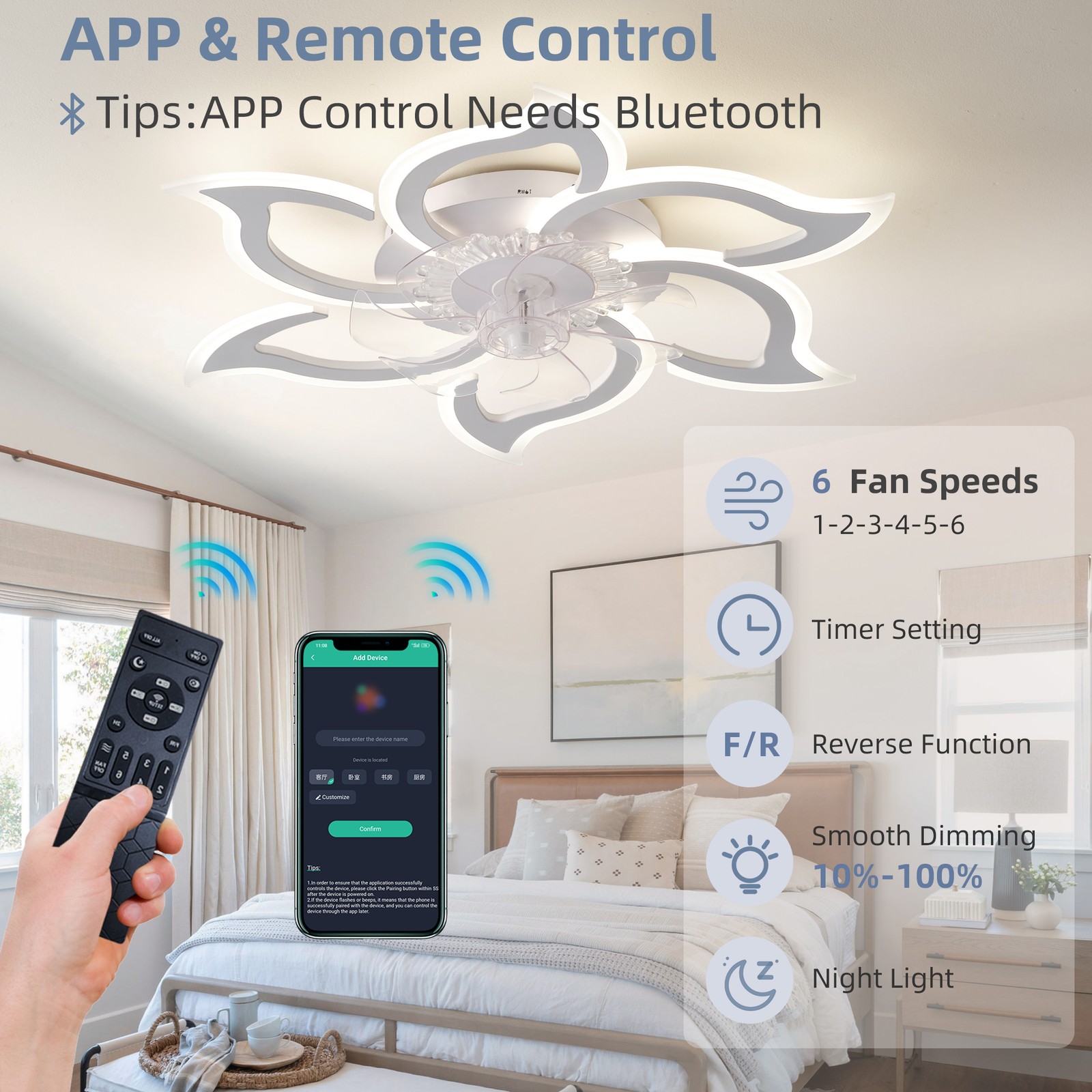 33'' Modern Flower Ceiling Fan with LED Light Flush Mount Remote APP Control Kit