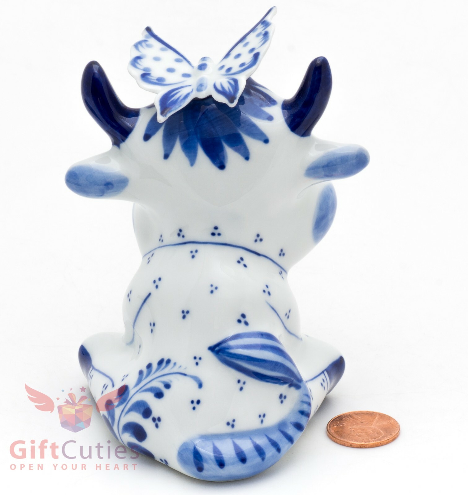 Bull calf cow Gavrusha with a butterfly collectible Gzhel Porcelain Figurine