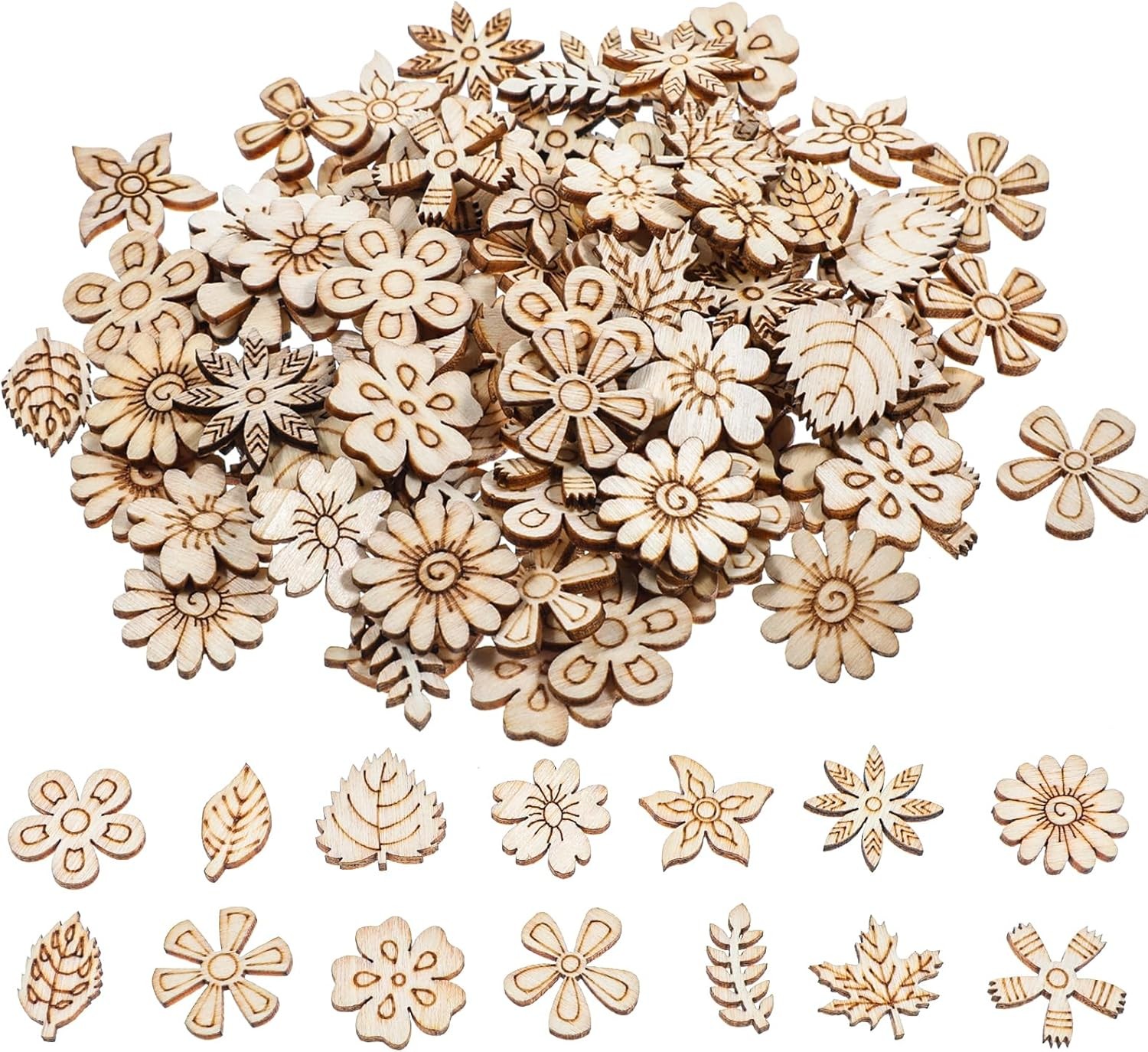 100 Pcs Poplar Wood Mini Flowers DIY Crafts Cutouts Embellishments