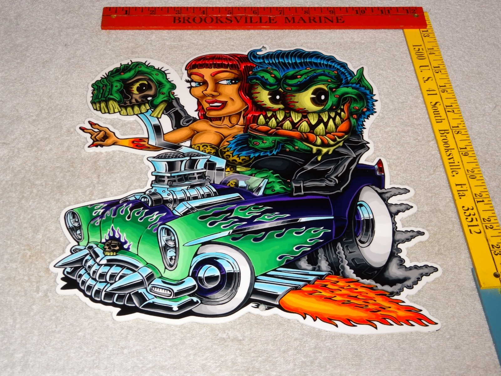 VINTAGE RATFINK DRIVES CAR W/ WOMAN MONSTER 12" METAL GASOLINE OIL RAT FINK SIGN