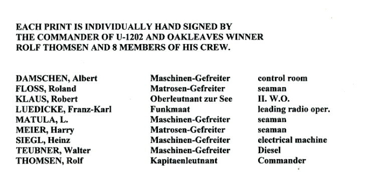 Rolf Thomsen: U-Boat Cpt. Multi-signed print! Signed by 8 plus Thomsen. Superb!!