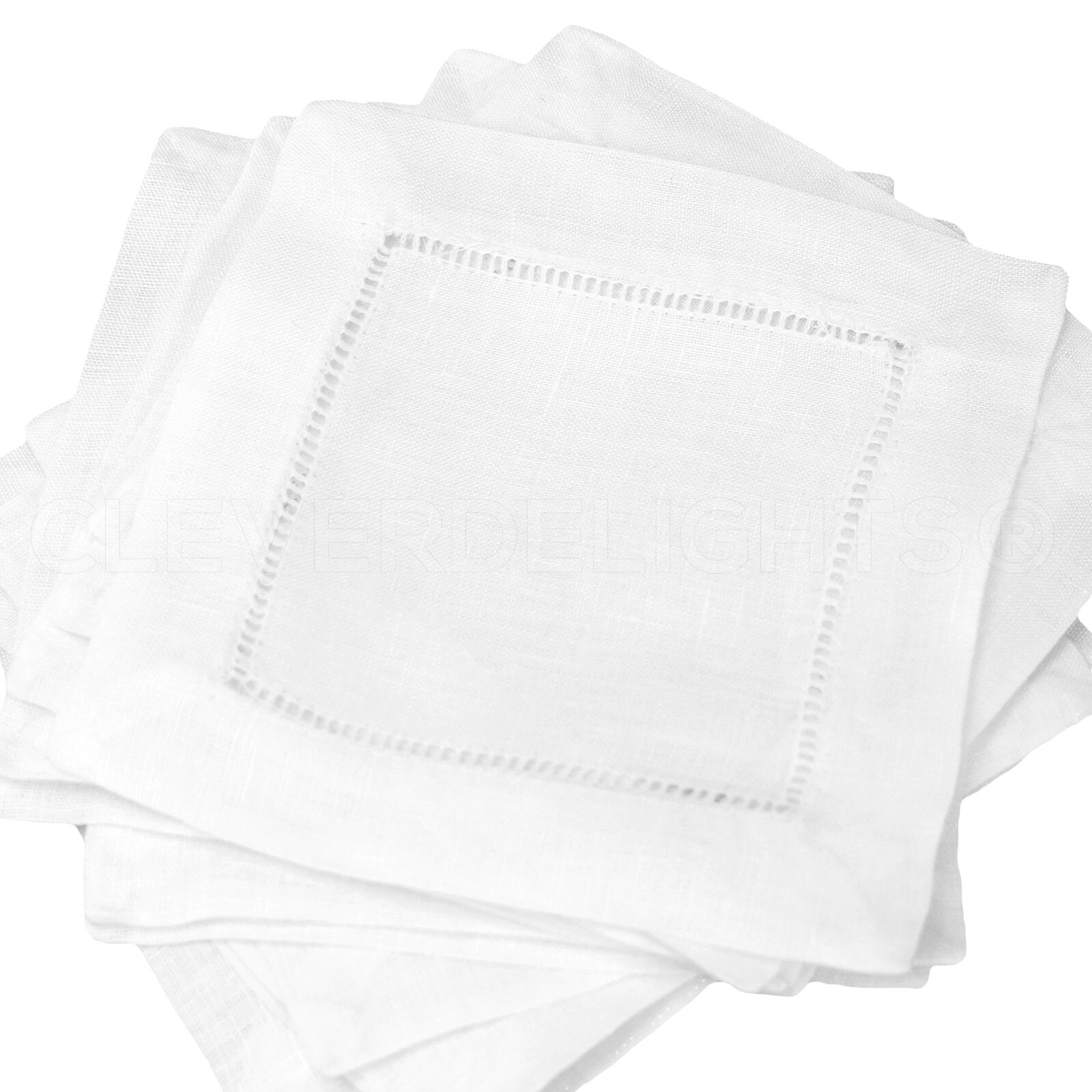 White 6" Hemstitch Cocktail Napkins - 55% Linen / 45% Cotton - Embroidery Blanks