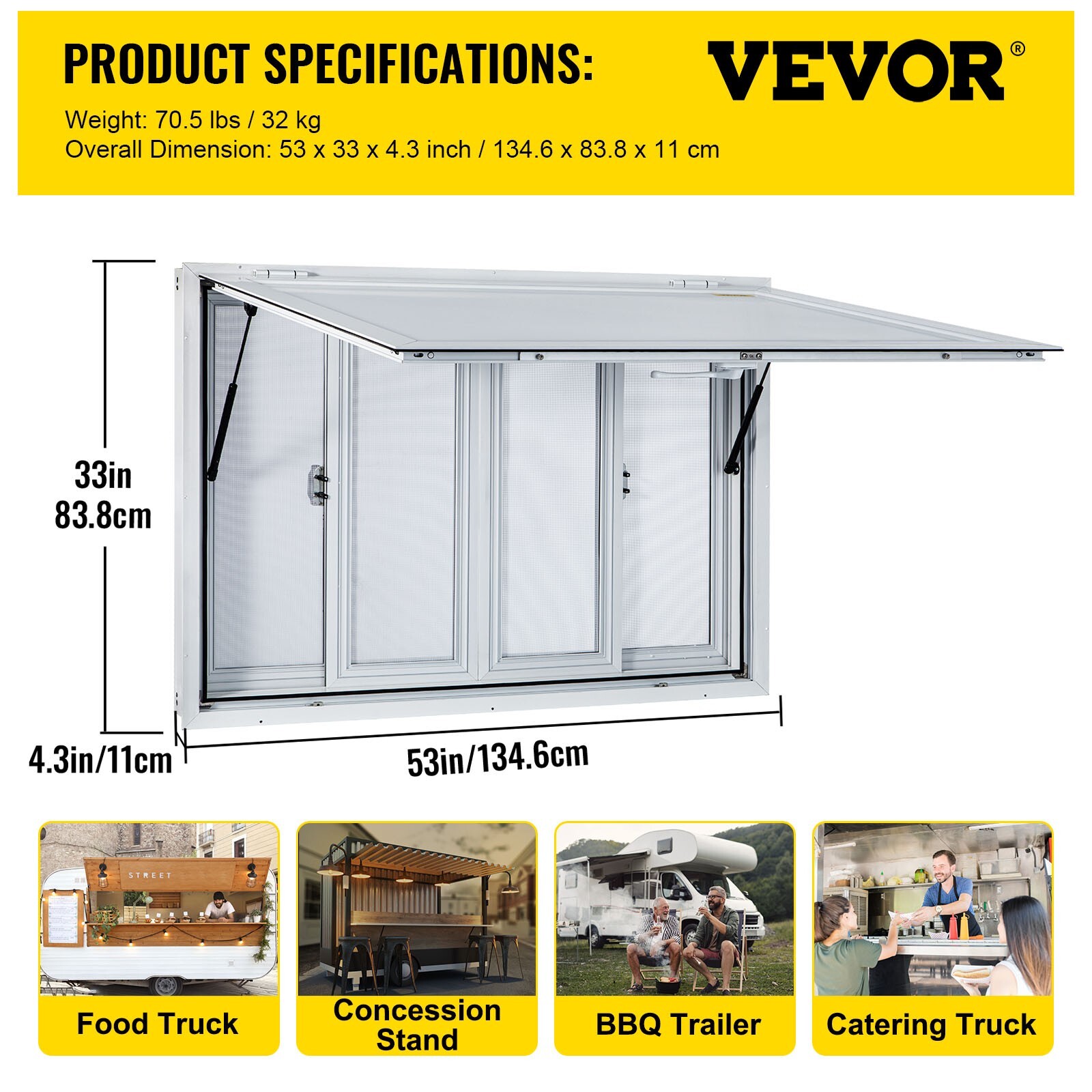 VEVOR 53x33in Concession Stand Trailer Serving Window w/ 4 Screen Windows