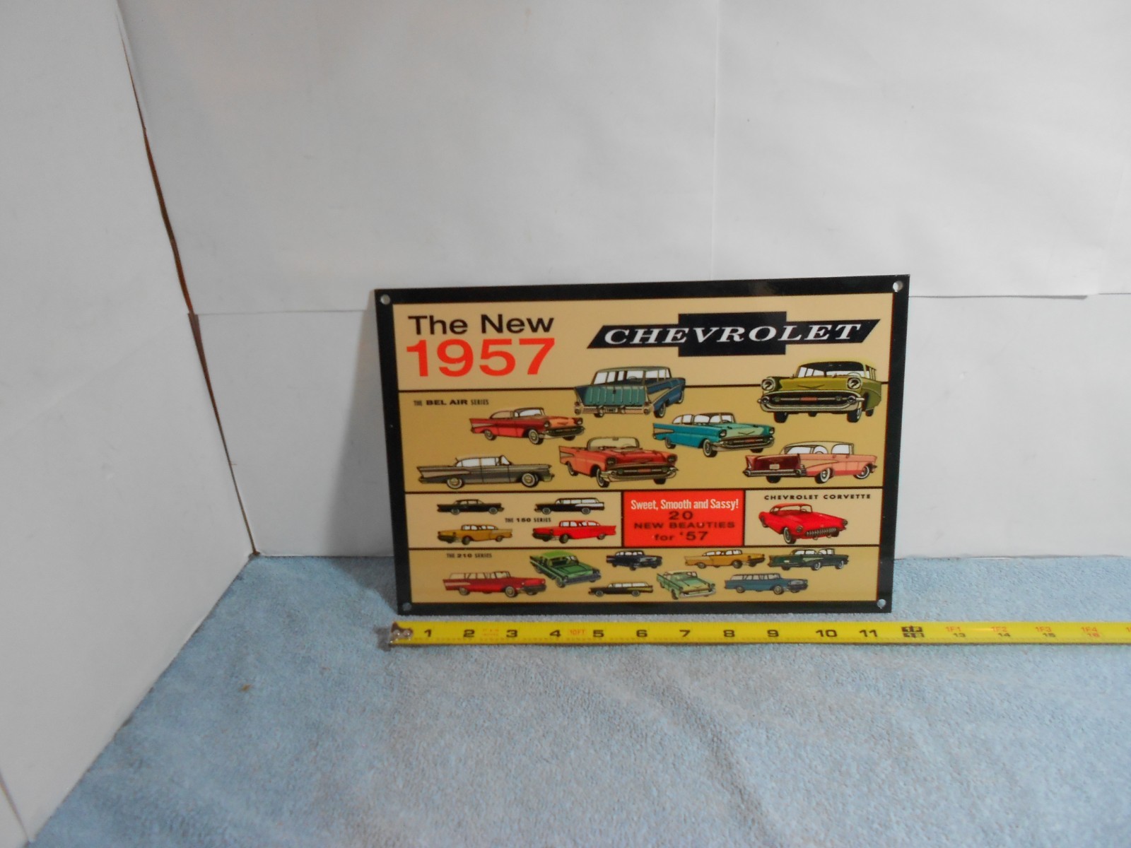 VINTAGE 12x8 in CHEVROLET NEW BEAUTIFUL 1957 CHEVY`S ADV SIGN HEAVY METAL -825 A