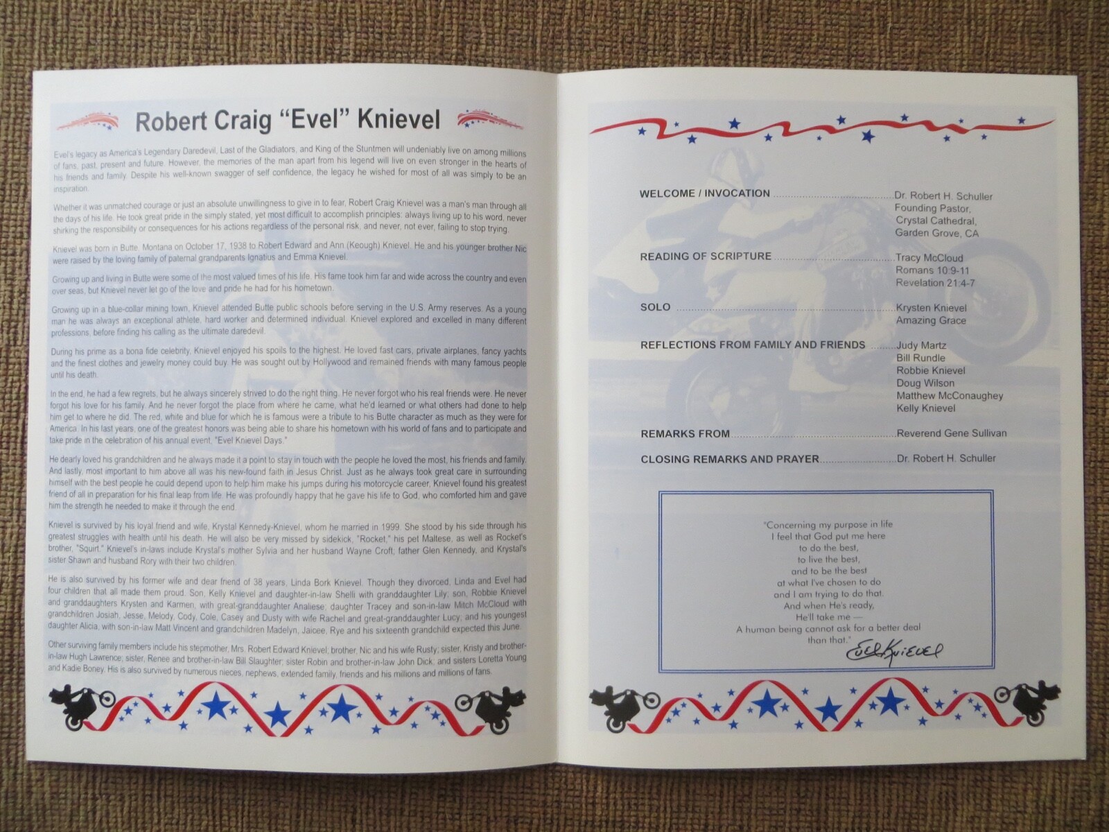 2007 EVEL KNIEVEL ORIGINAL FUNERAL PROGRAM IN BUTTE, MT-MADE BY THE KNIEVEL FAM