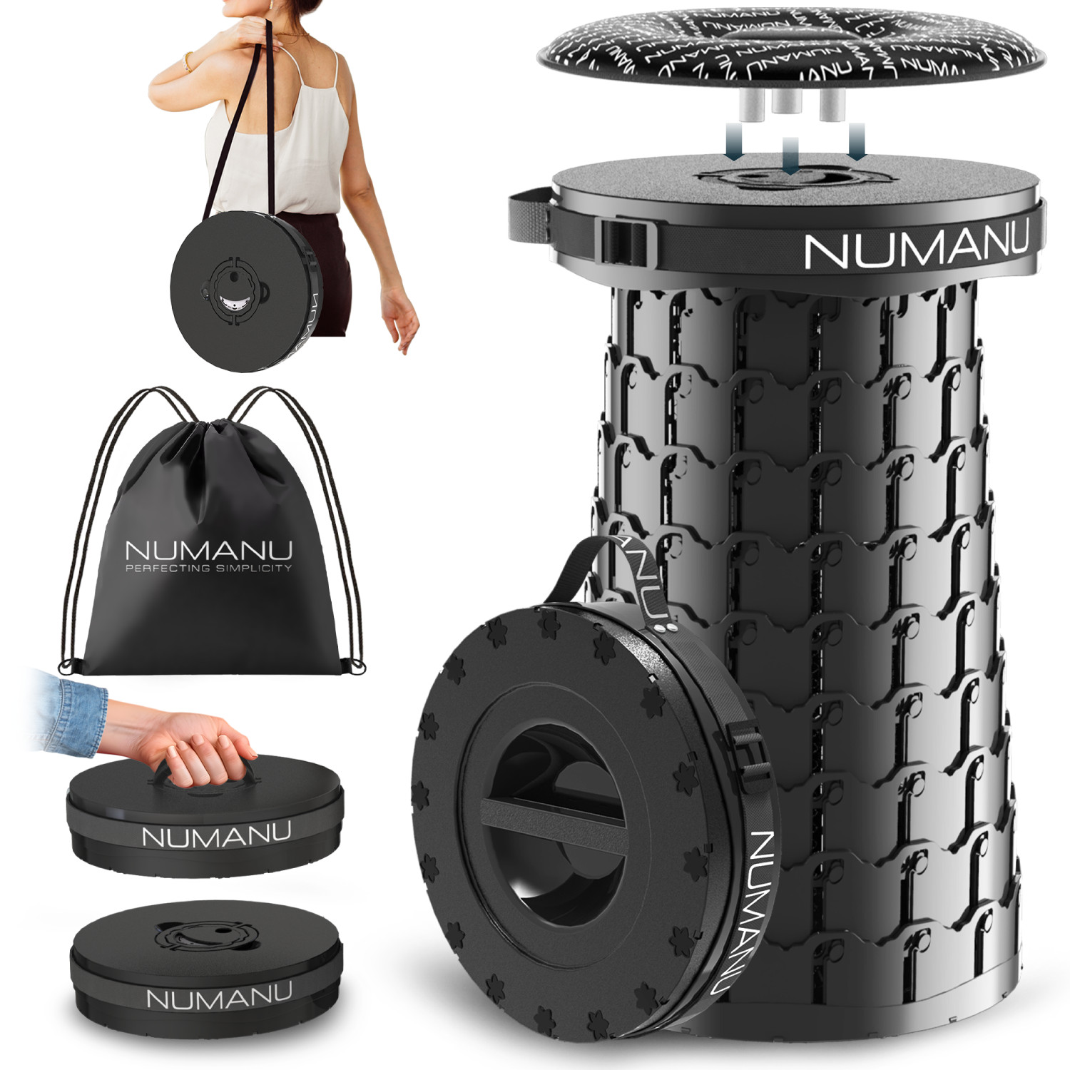 NUMANU 19.7" XXL Taller & Wider Collapsible Stool, Seat Cushion & Carry Bag