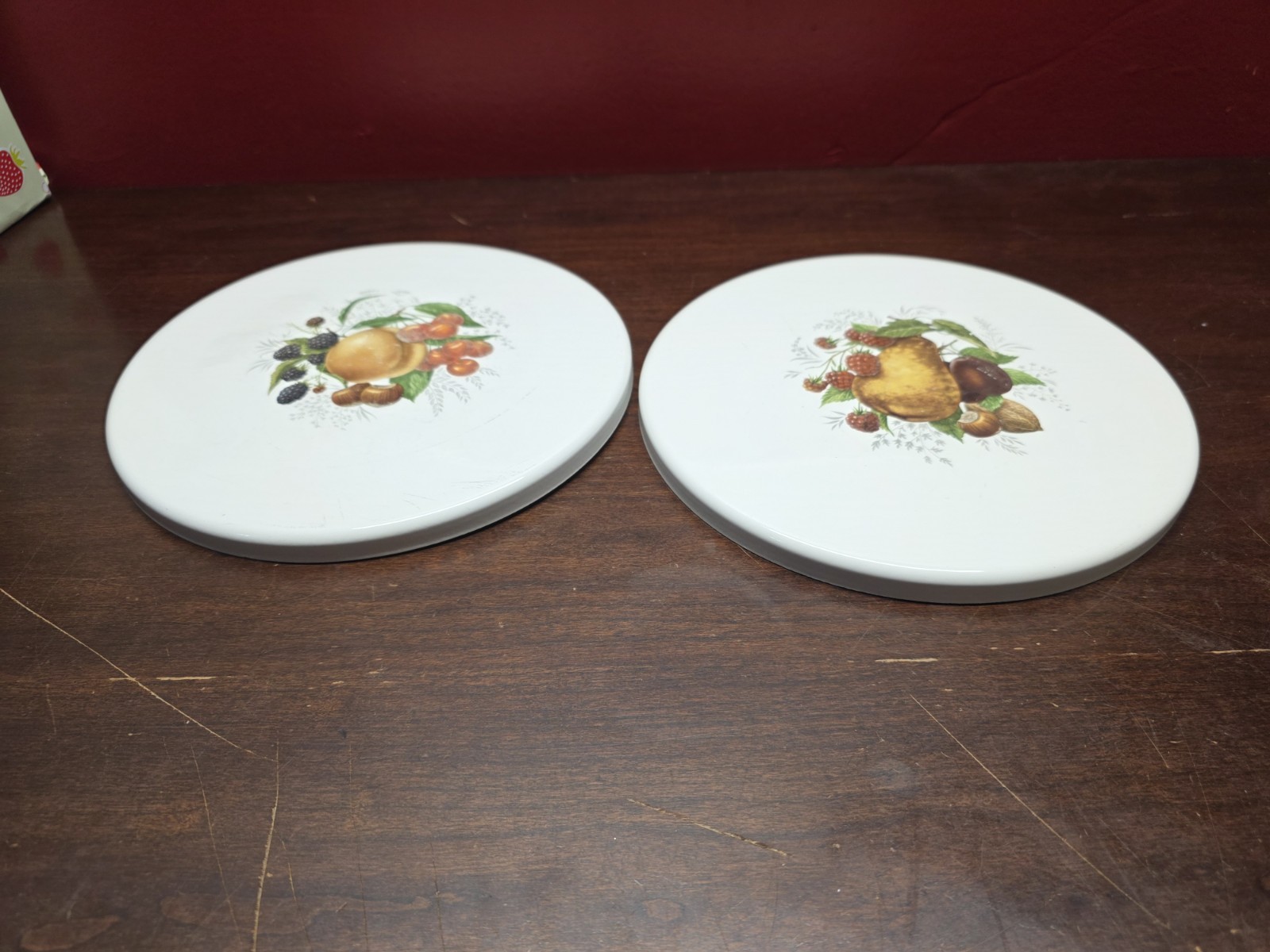 2- vintage enamel stove top burner Covers 10" Fruits Pear Peach