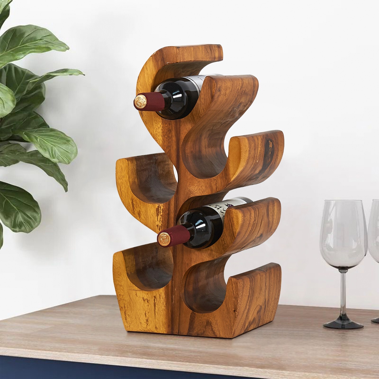 Hand-Carved Suar Wood Tree Shaped Wine Rack Bottle Holder Brown for 6/8/12