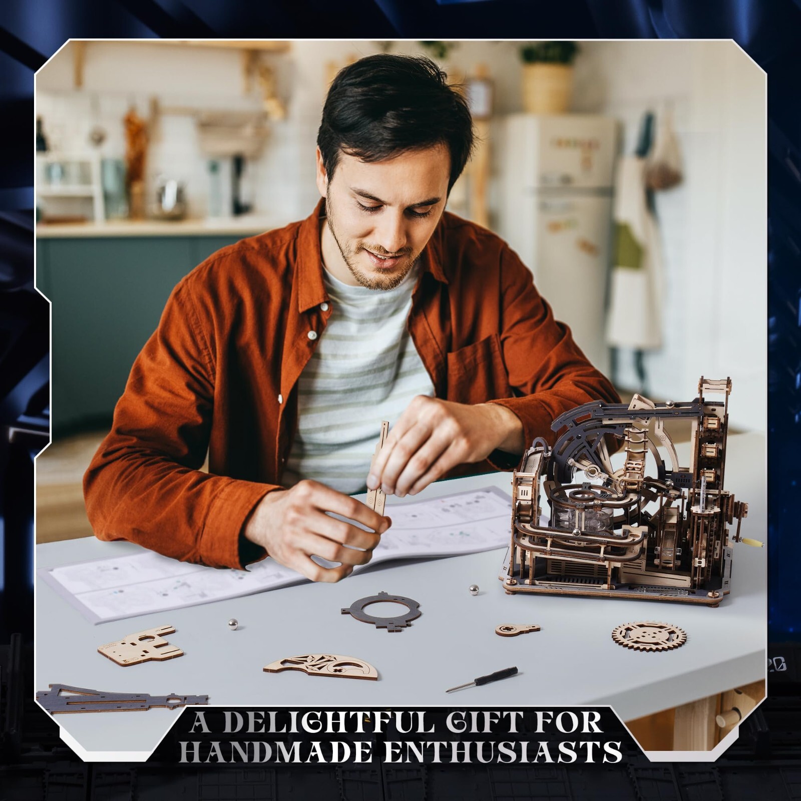 ROKR 3D Puzzle Wood Spaceport Marble Night City with Linkage Model Gift Adults