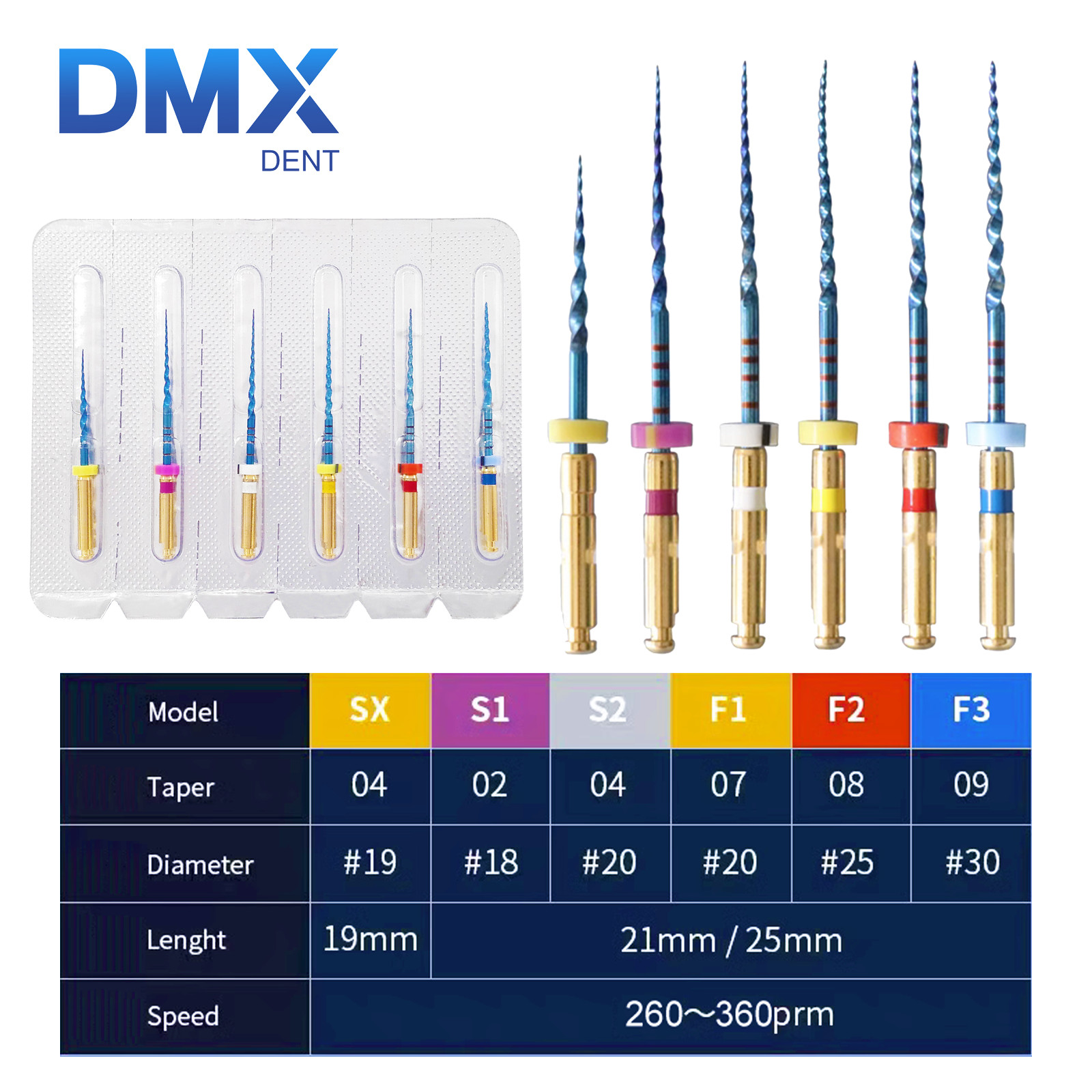 DMXDENT PT-GOLD/BLUE Taper X-Pro Endo Files Dental NITI Rotary Root Canal File