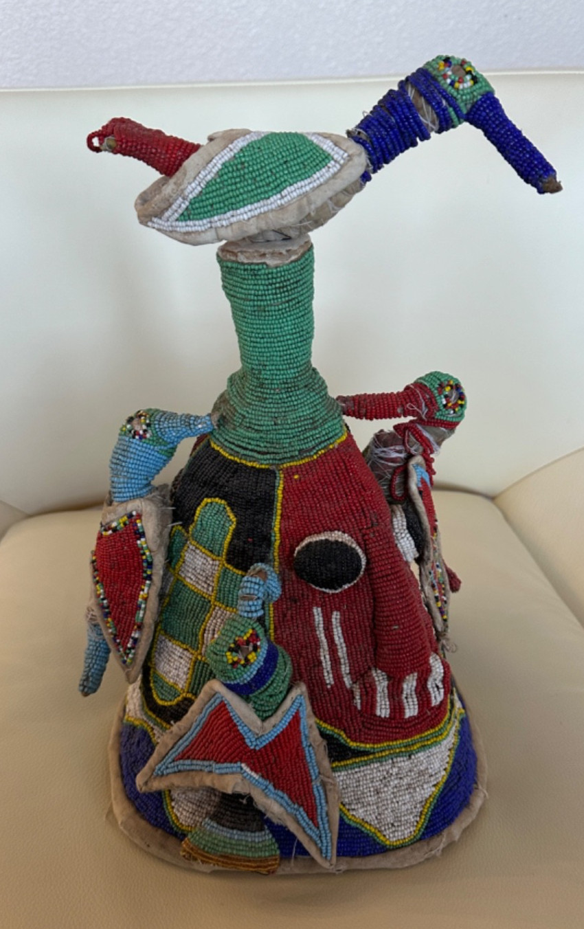 YORUBA BEAD COVERED BIRD HAT 16" 1900S