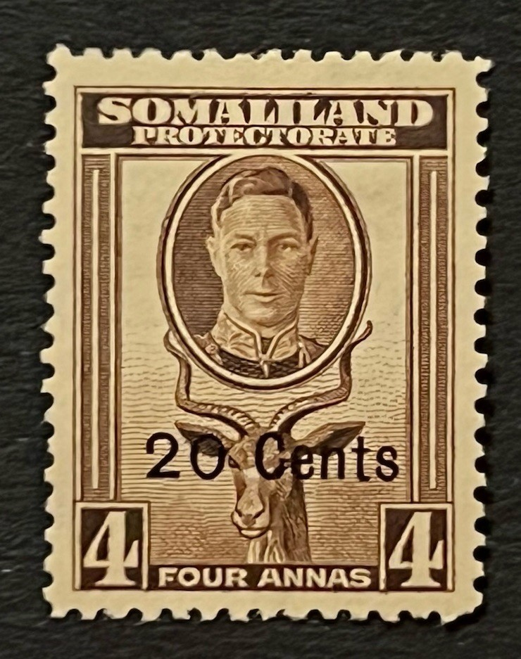 Travelstamps: 1942 Somaliland Stamps Sc #119 Sg 108 - 20c on 4 Annas KGVI MOGH