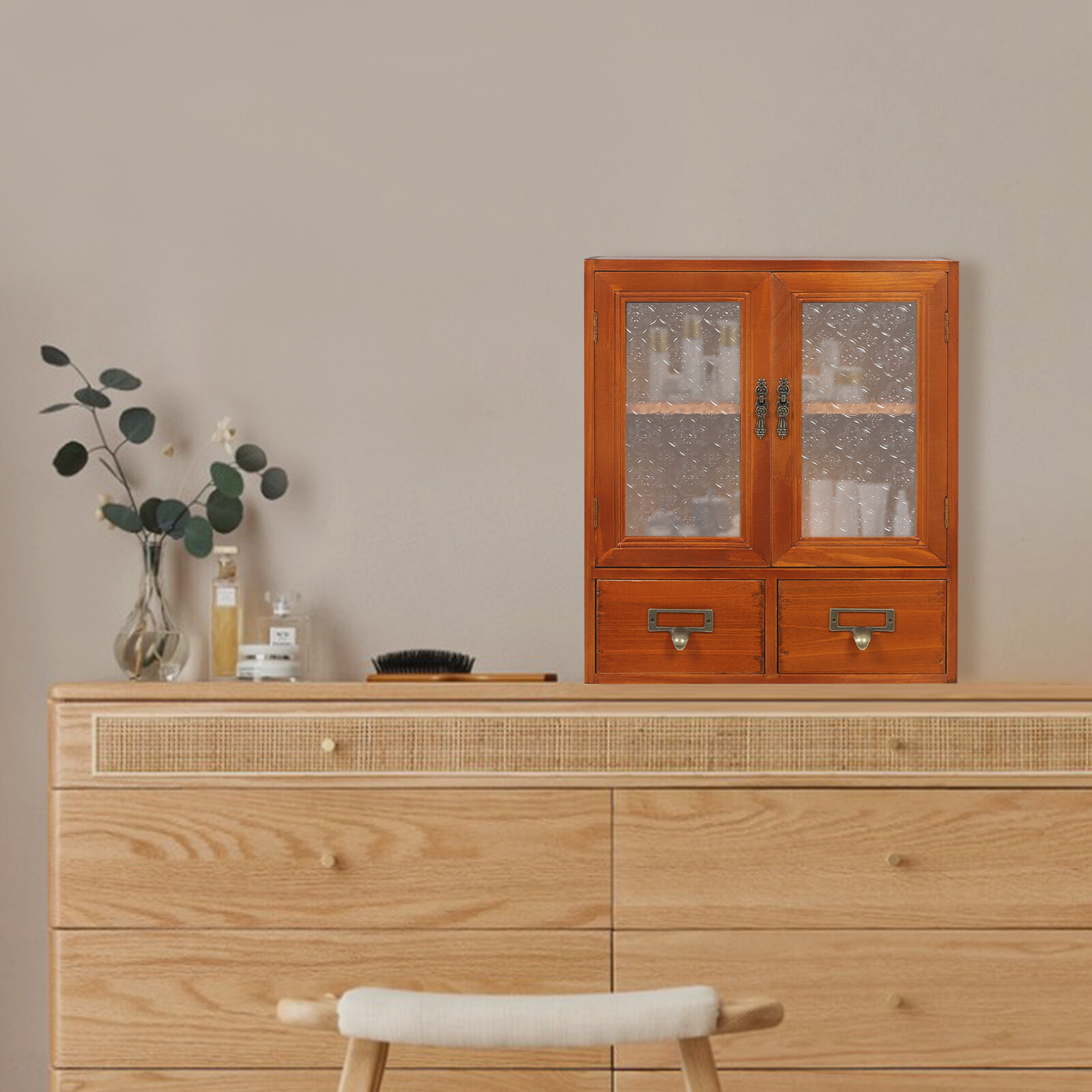 Wood Storage Cabinet, 2-tier Storage Cabinet with 2 drawers, Double Door Storage